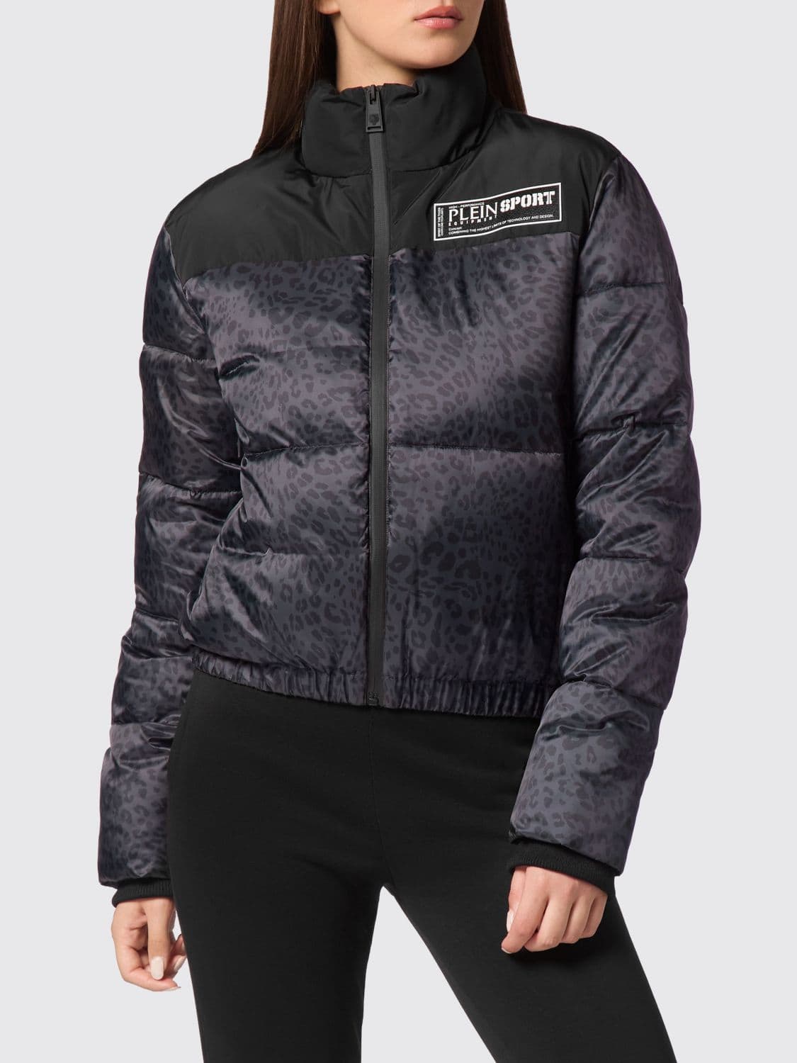 Plein Sport Animal Print Nylon Short Puffer Jacket with High Collar