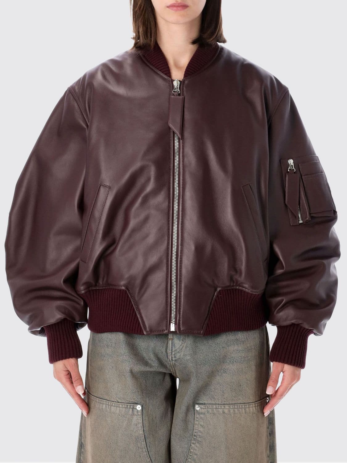 The Attico Oversized Leather Bomber Jacket with Dropped Shoulders