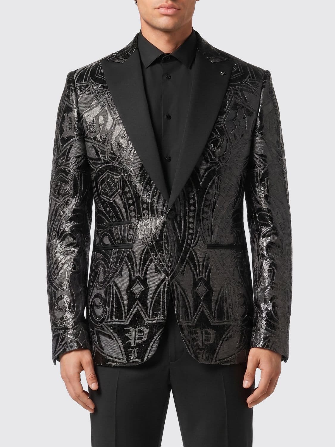 Philipp Plein Single-Breasted Blazer with Crystal Monogram and Peak Lapels