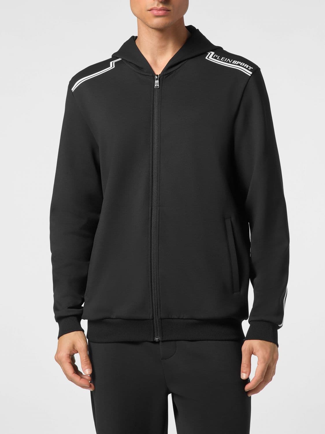 Plein Sport Zip-Up Hooded Sweatshirt in Technical Jersey with Slash Pockets