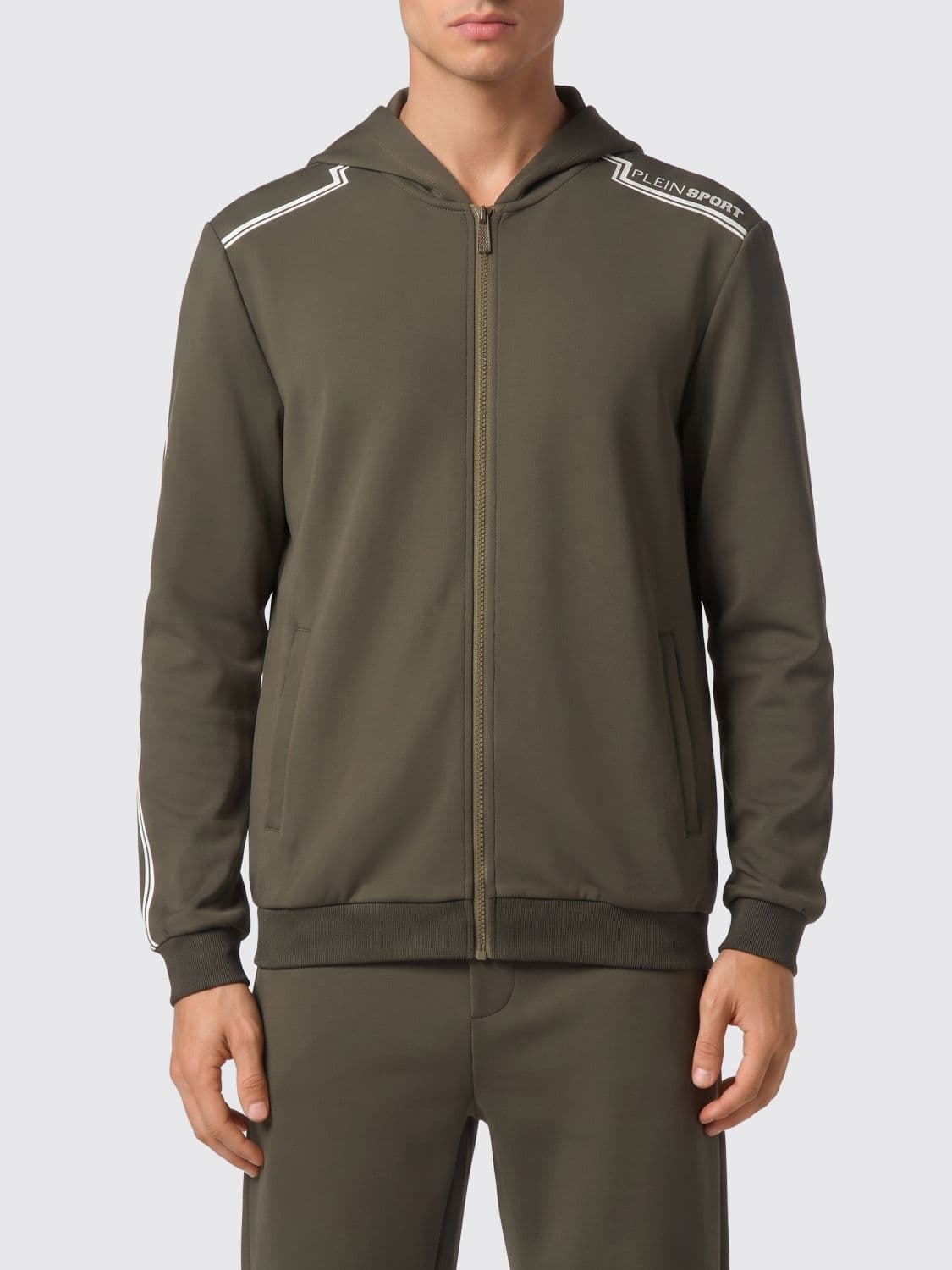 Plein Sport Zip-Up Hooded Sweatshirt in Technical Jersey with Slash Pockets