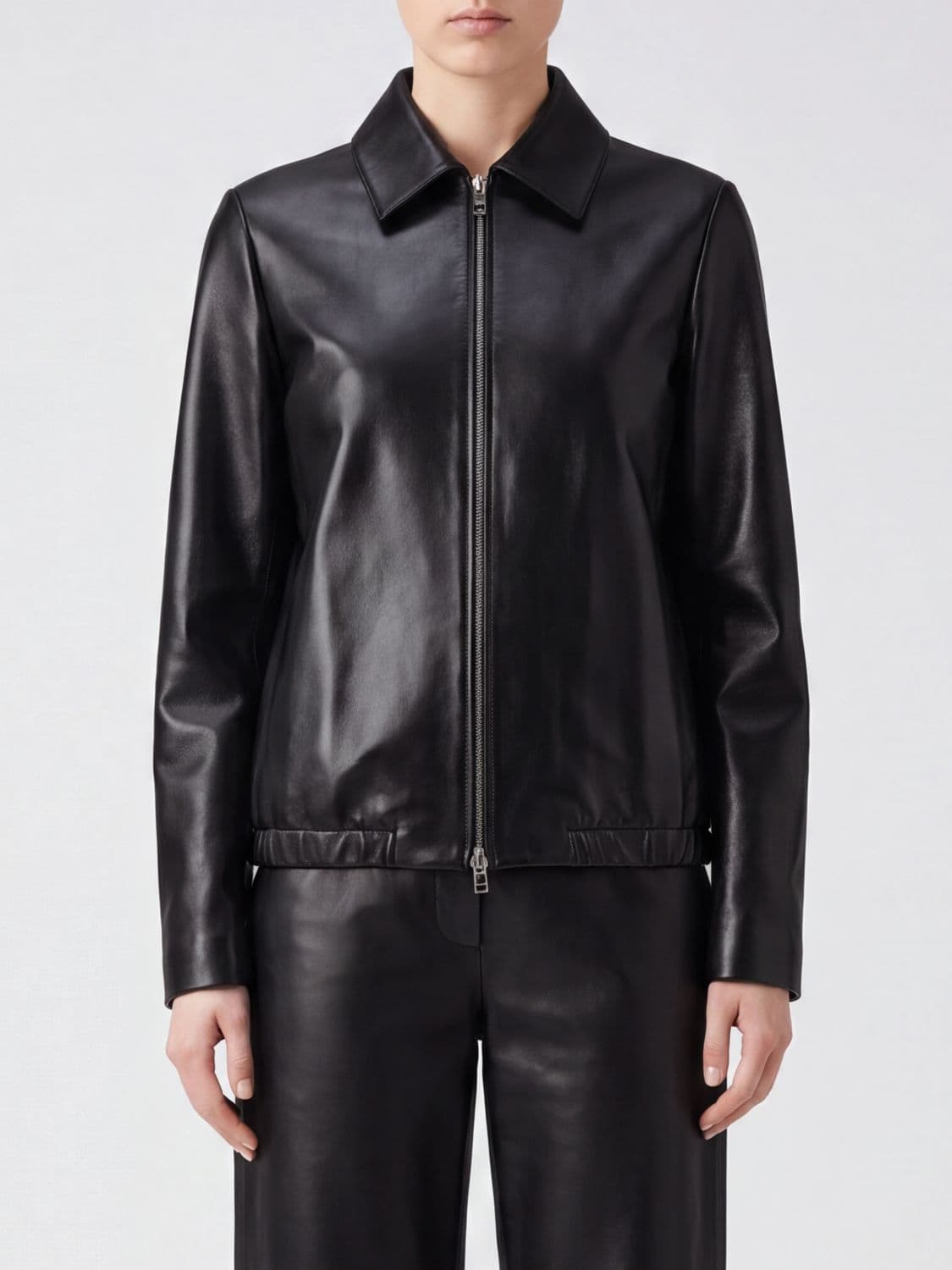 Khaite Cropped Lambskin Shirt-Style Jacket with Zip Closure