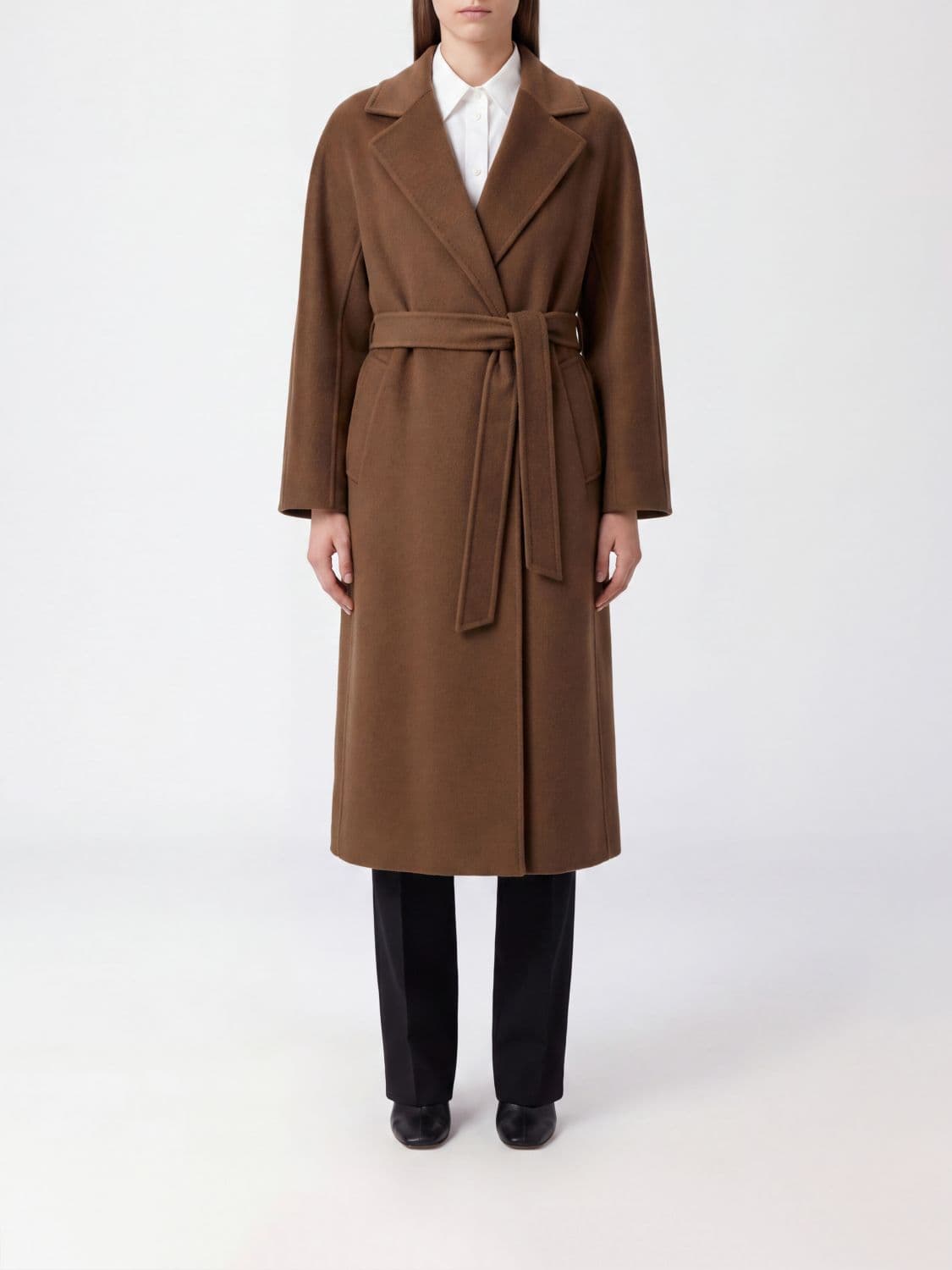 's Max Mara Long Virgin Wool Robe Coat with Waist Tie-Belt