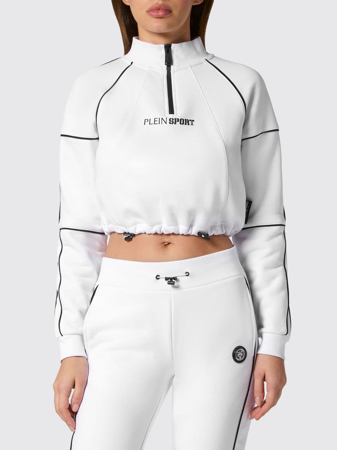 Plein Sport Cropped Zip-Up Jersey Sweatshirt with Funnel Neck