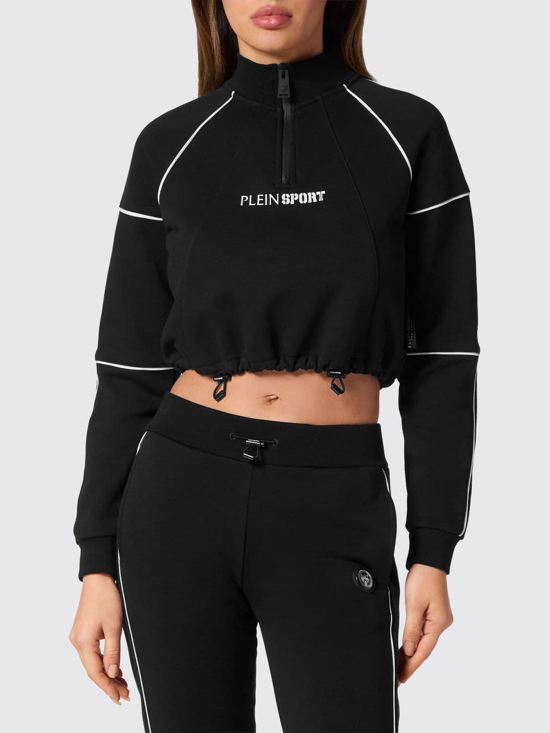 Plein Sport Cropped Zip-Up Jersey Sweatshirt with Funnel Neck