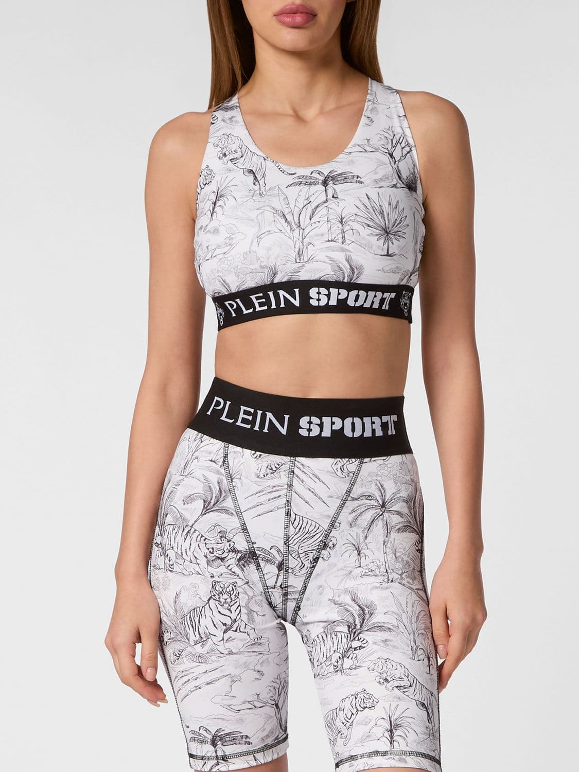 Plein Sport Cropped Tropical Print Jersey Sports Top with Criss-Cross Straps