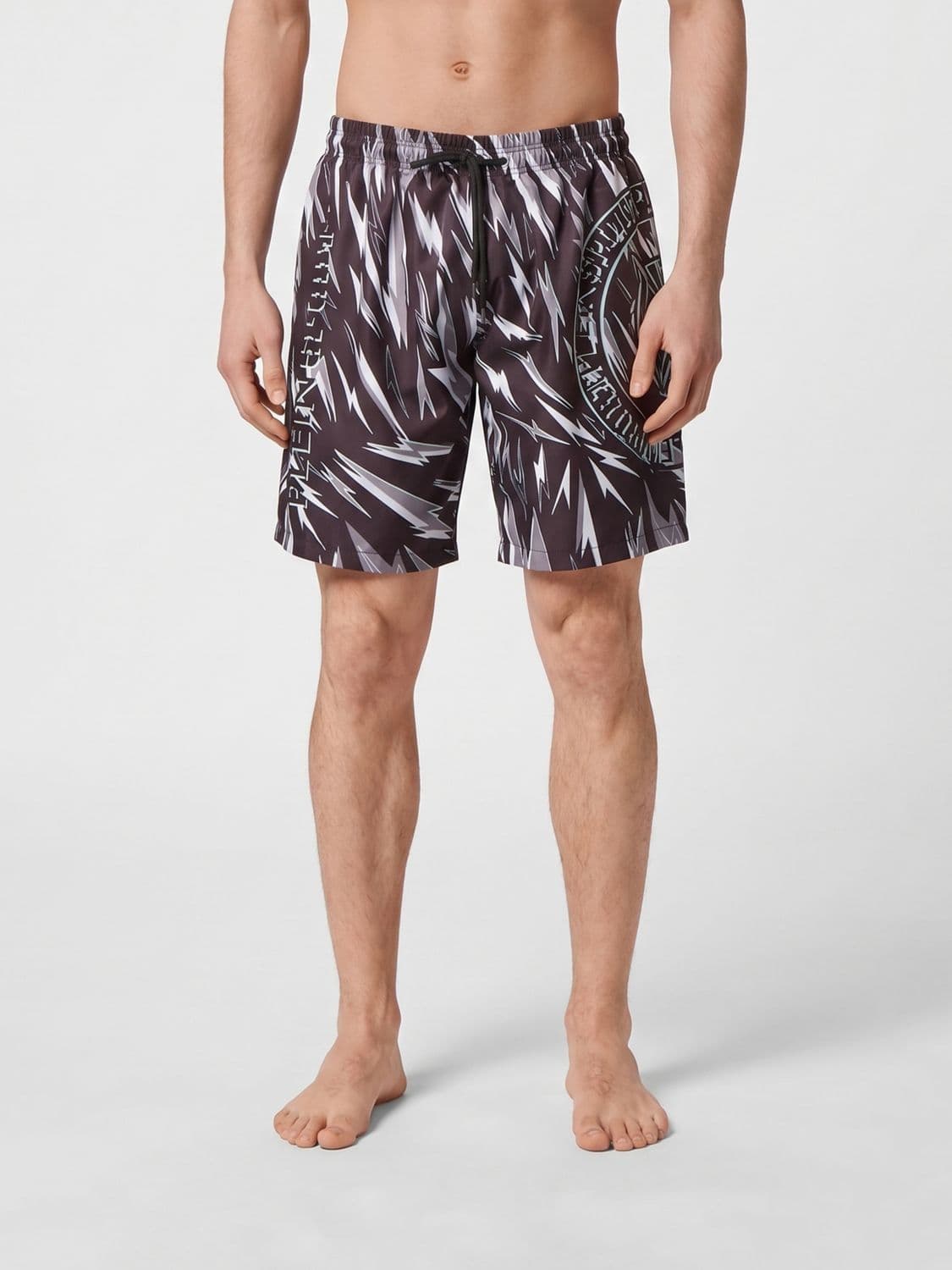 Plein Sport Polyester Swim Shorts with Graphic Print and Contrasting Logo