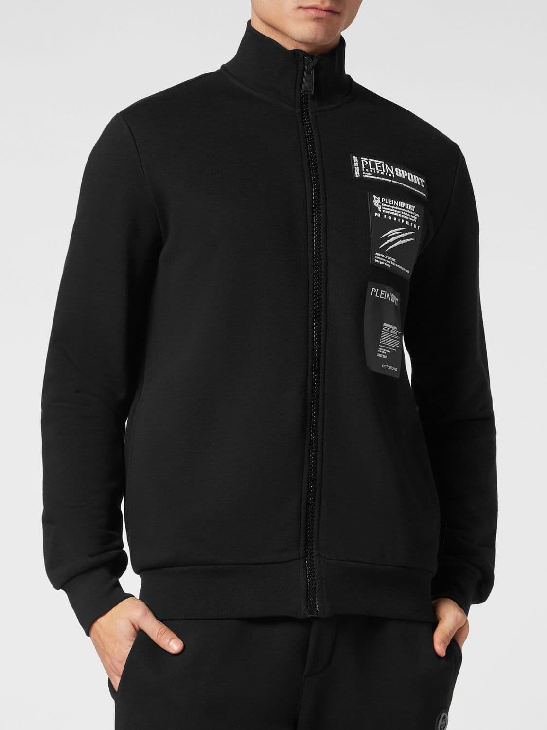 Plein Sport High-Neck Jersey Zip-Up Sweatshirt with Logo Patch