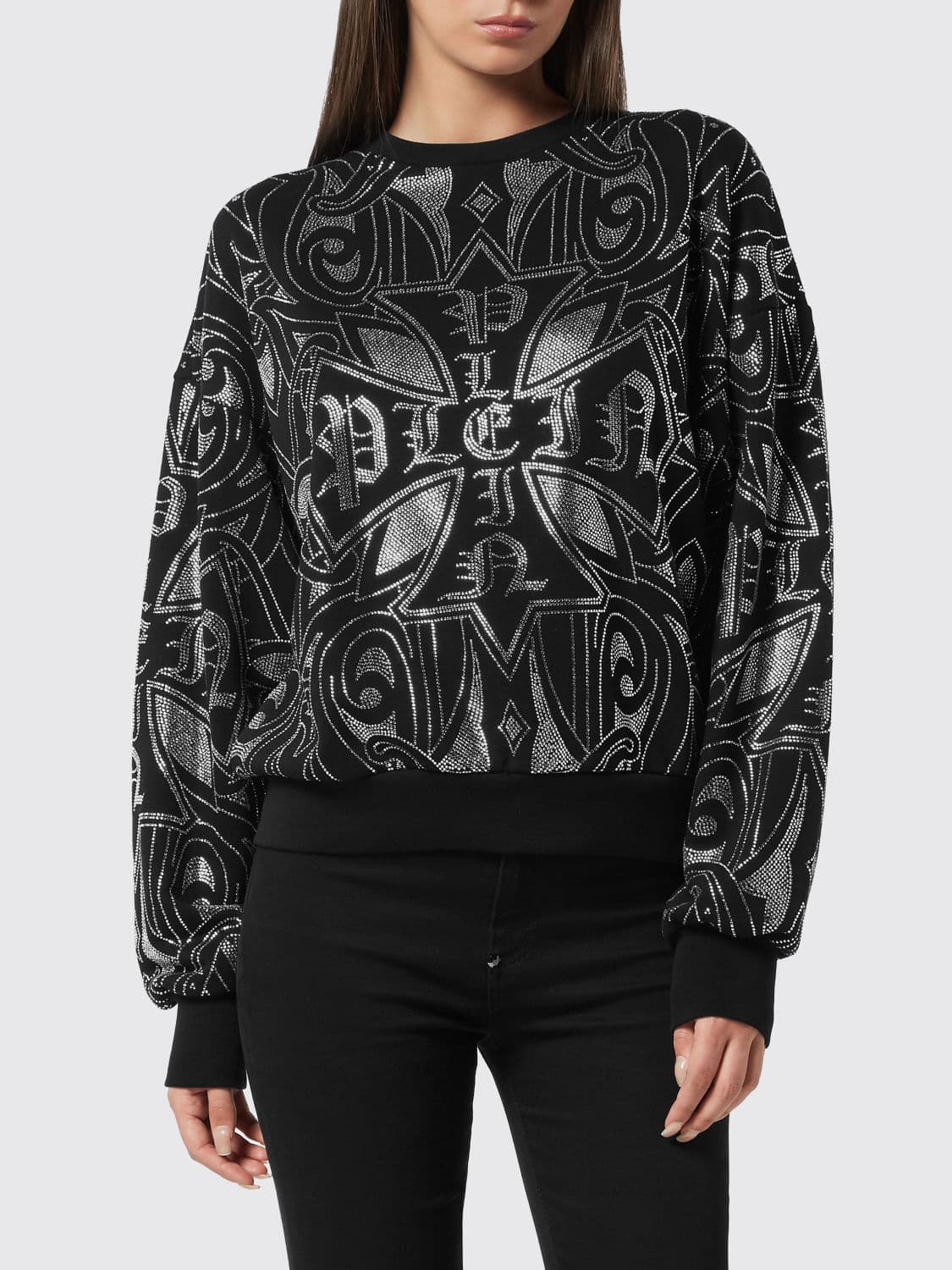 Philipp Plein Jersey Sweatshirt with Rhinestone Monogram and Dropped Shoulders