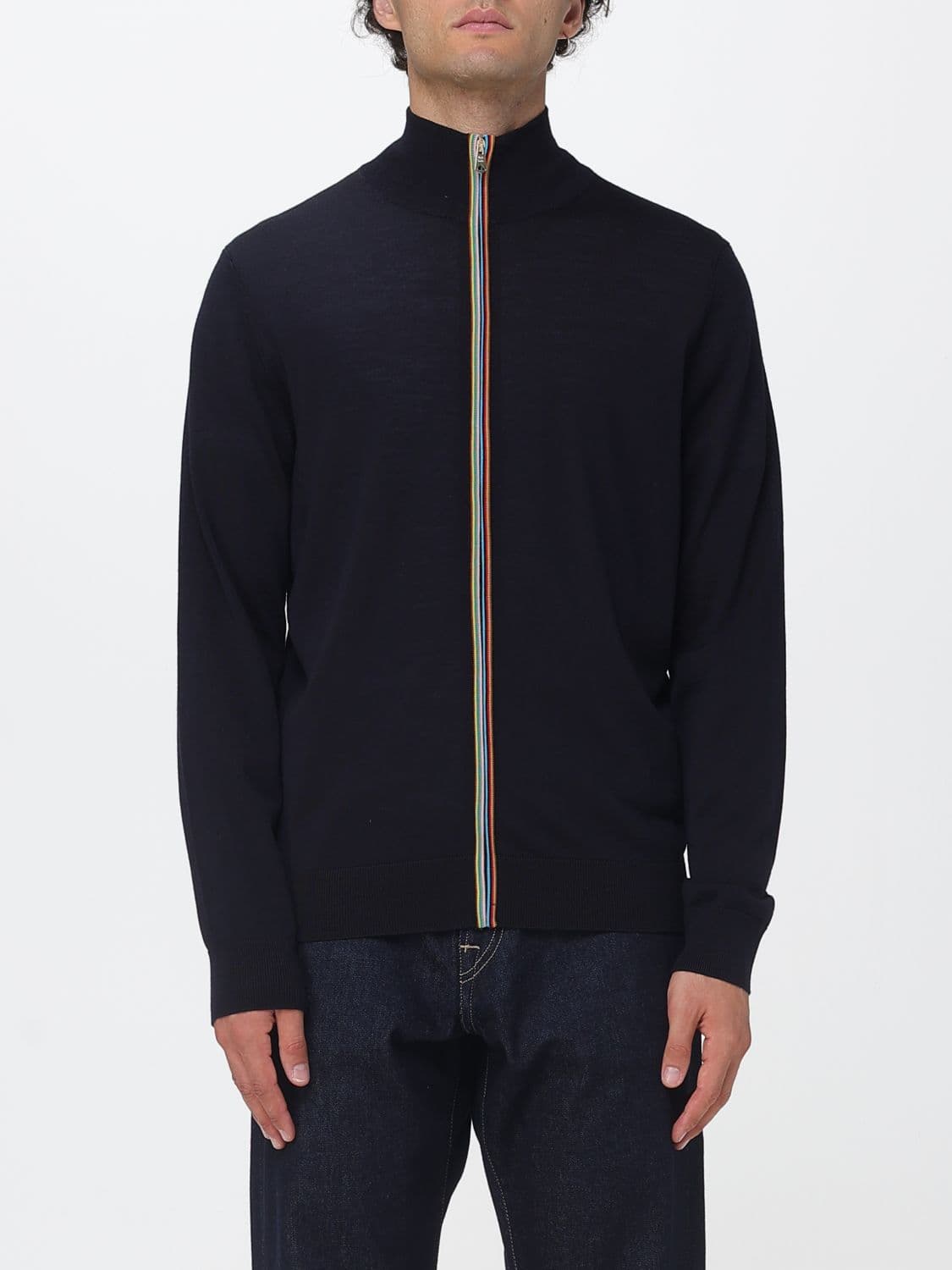 Paul Smith Merino Wool Zip-Up Cardigan with High Neck and Slash Pockets