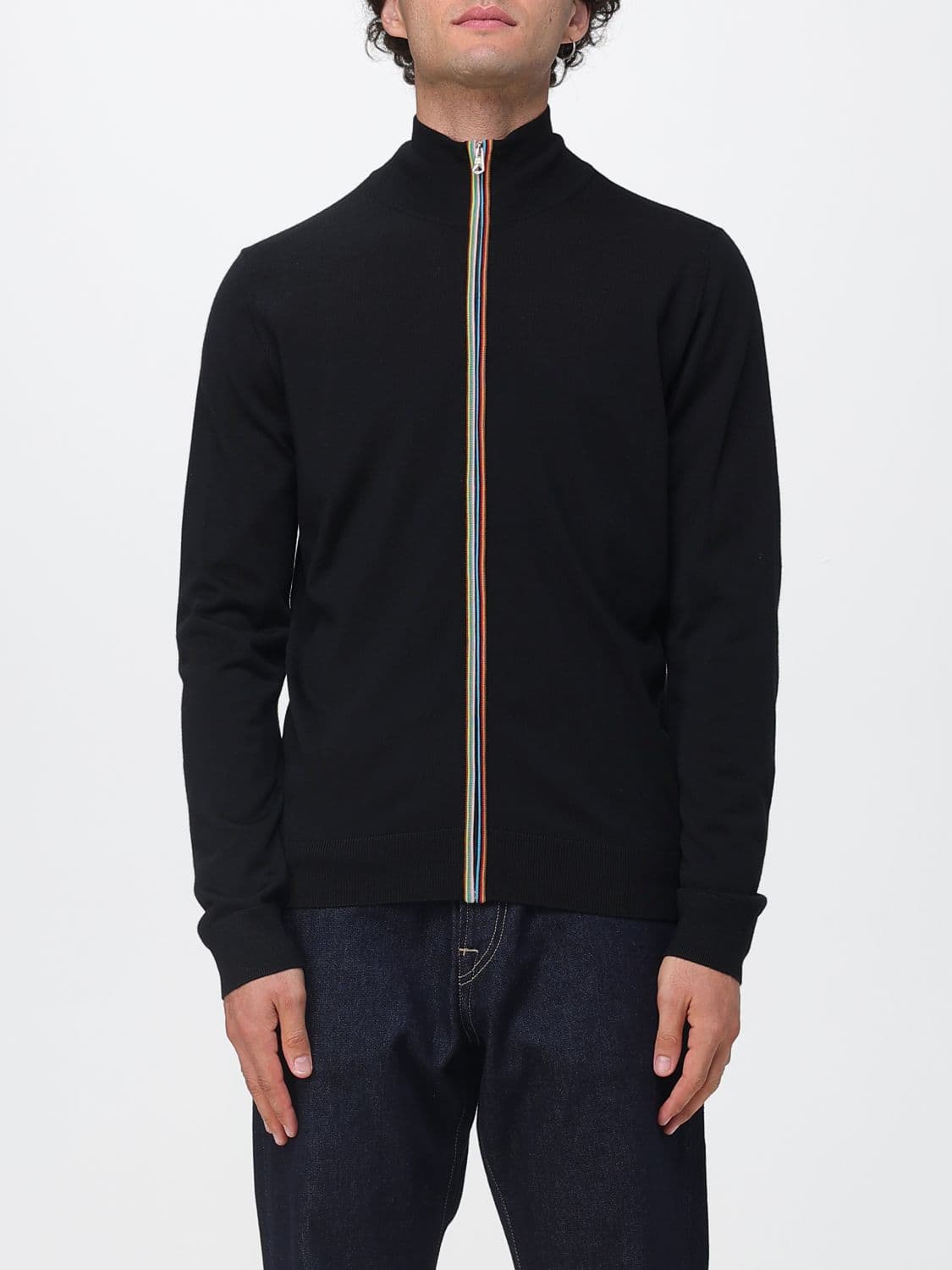 Paul Smith Merino Wool Zip-Up Cardigan with High Neck and Slash Pockets