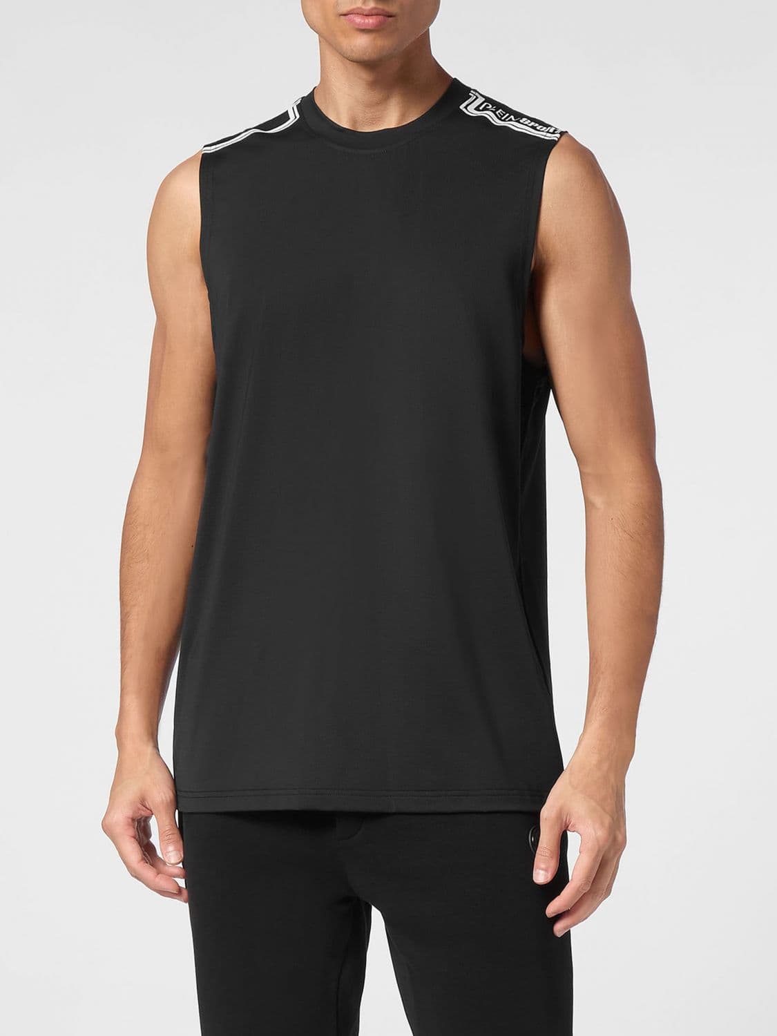 Plein Sport Sleeveless Cotton Tank Top with Contrasting Front Logo Print