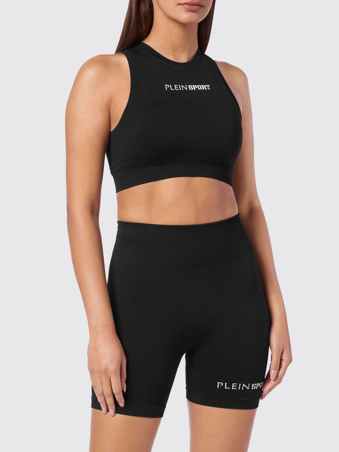 Plein Sport Cropped Slim Fit Jersey Sports Top with Contrasting Logo