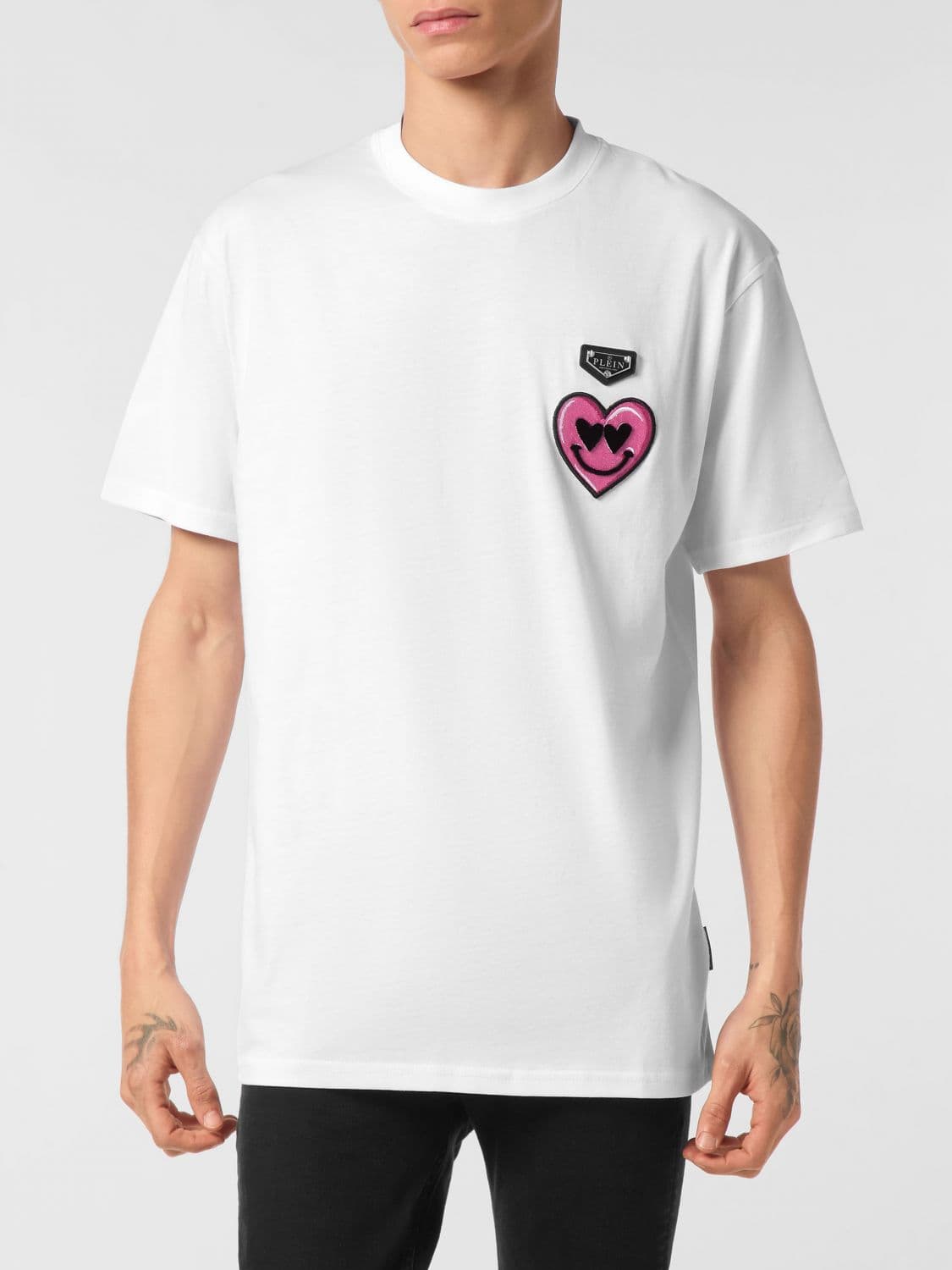 Philipp Plein Cotton T-Shirt with Contrasting Logo Patch and Dropped Shoulders