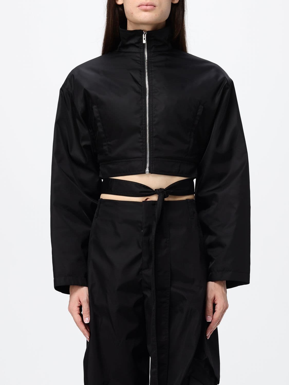 Alaïa Cropped Technical Taffeta Bomber Jacket with High Neck and Waist Belt