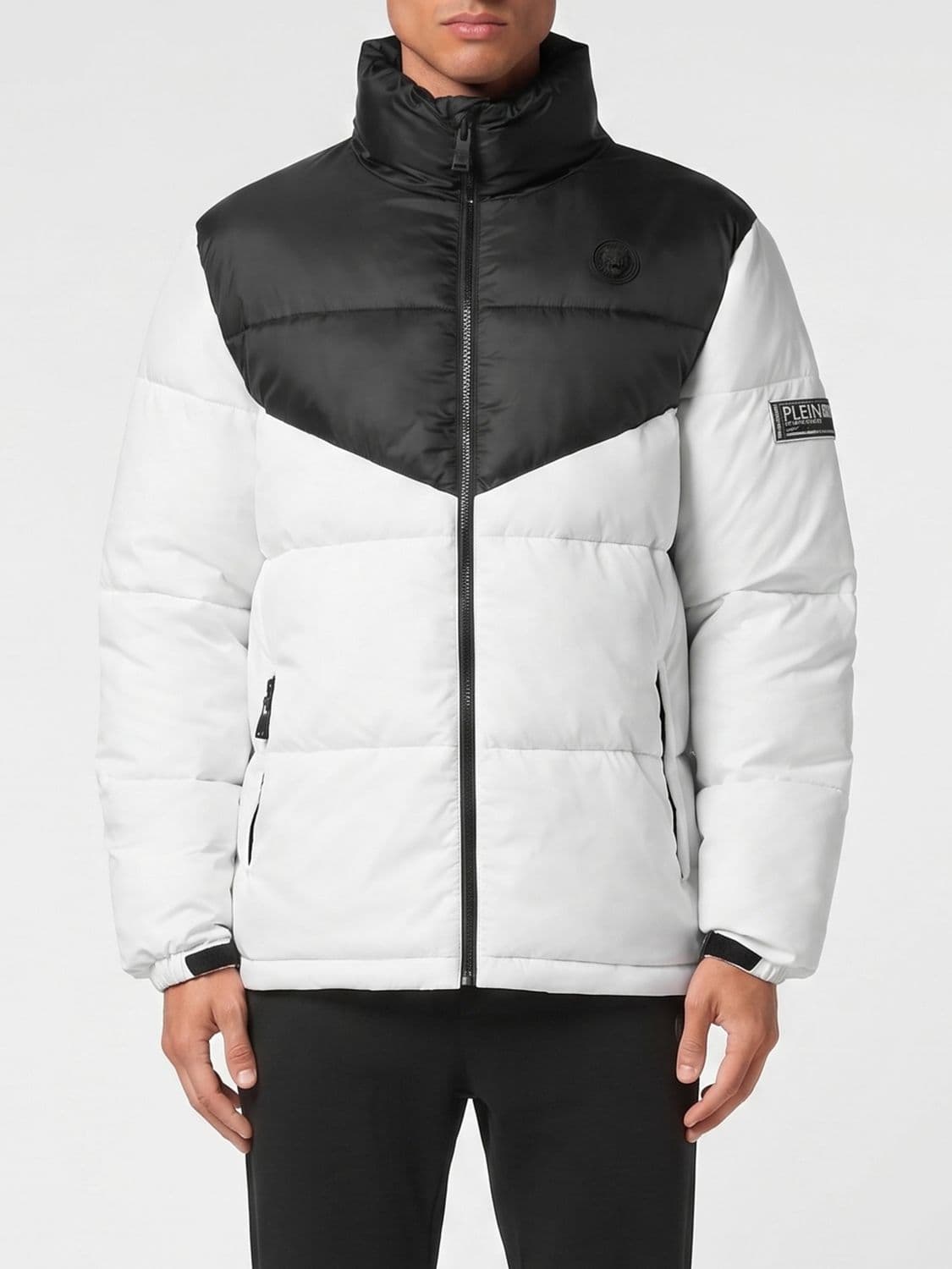 Plein Sport Short Quilted Technical Fabric Puffer Jacket with High Neck