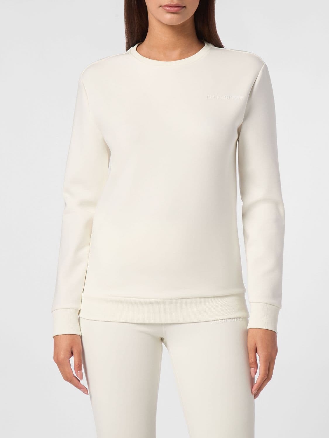 Plein Sport Cropped Crew-Neck Jersey Sweatshirt with Tone-on-Tone Logo