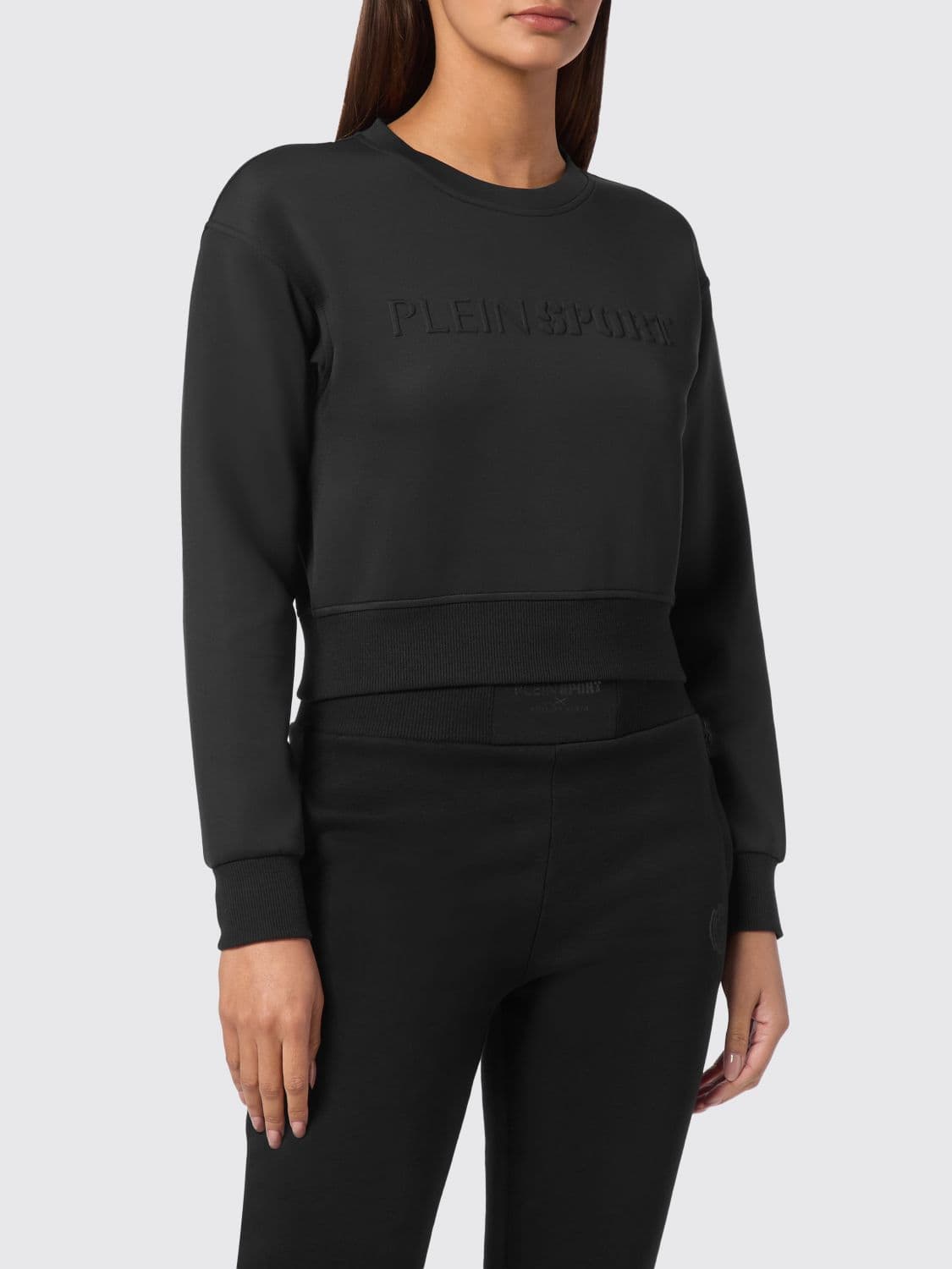 Plein Sport Cropped Crew-Neck Sweatshirt in Jersey with Elasticated Cuffs