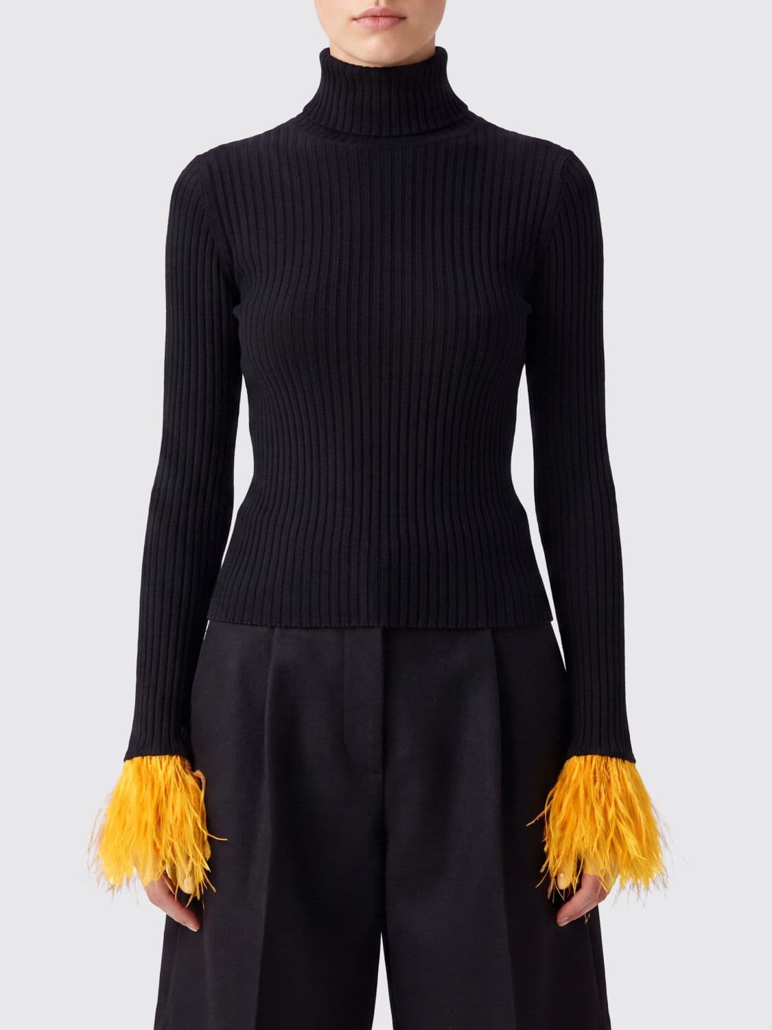 La Doublej Feather-Trimmed Ribbed Cashmere and Silk Turtleneck Jumper