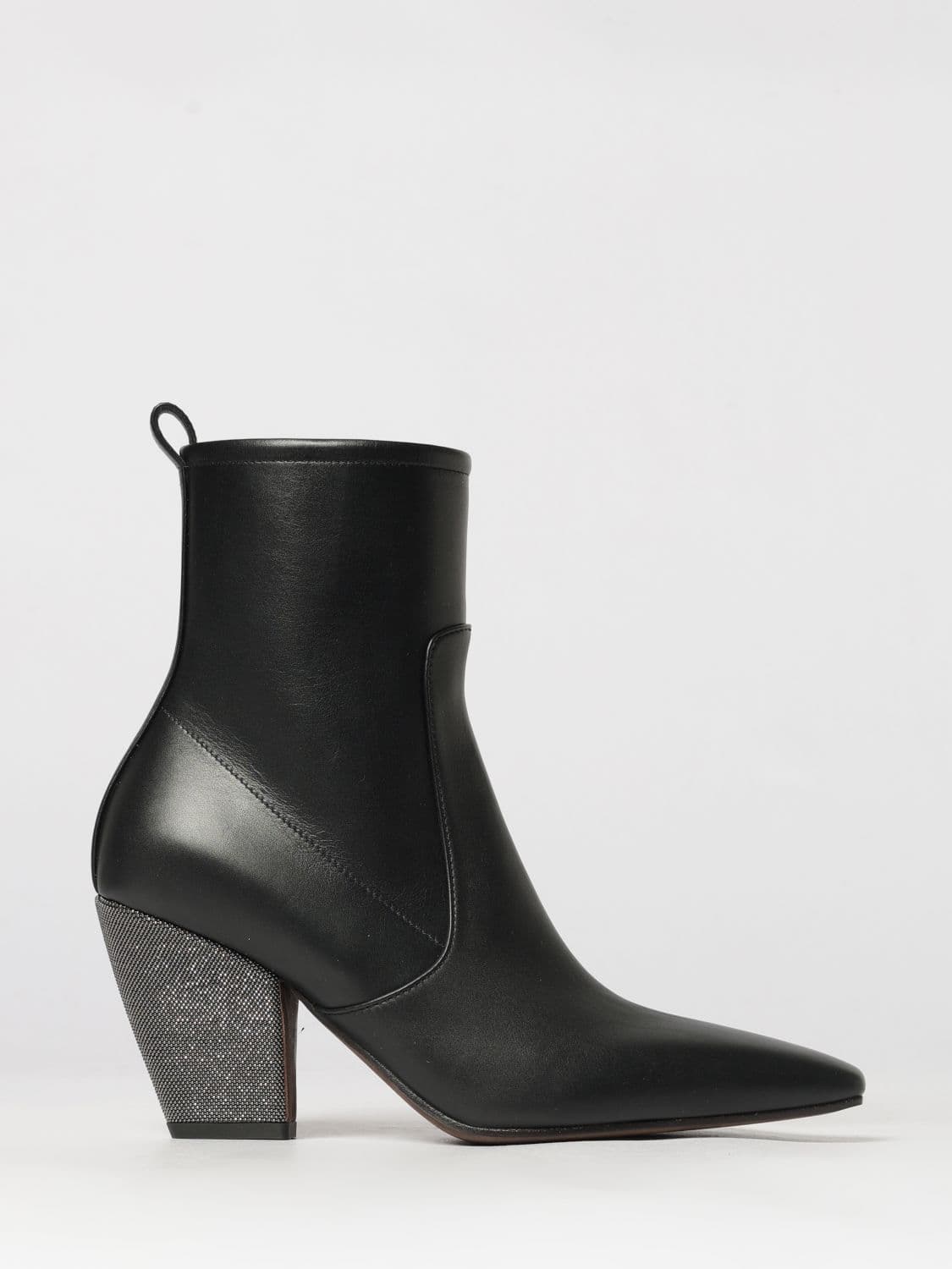 Brunello Cucinelli Leather Ankle Boots with Flared Heel and Monili