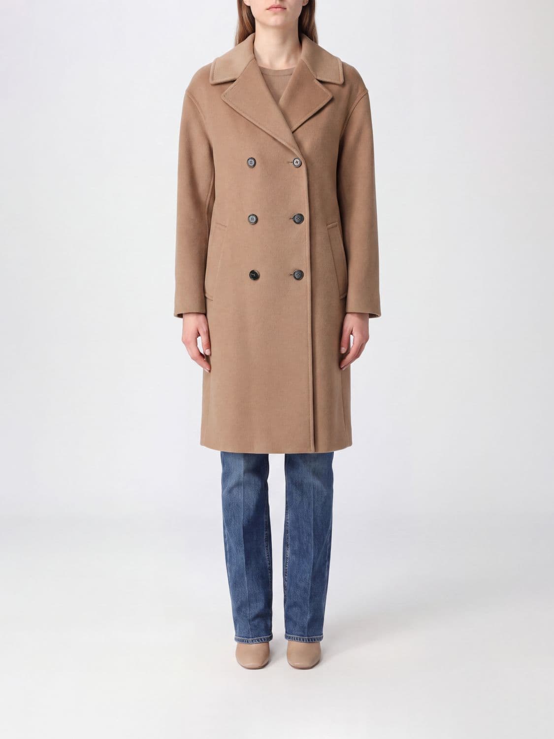 's Max Mara Long Double-Breasted Coat in Virgin Wool with Rever Collar