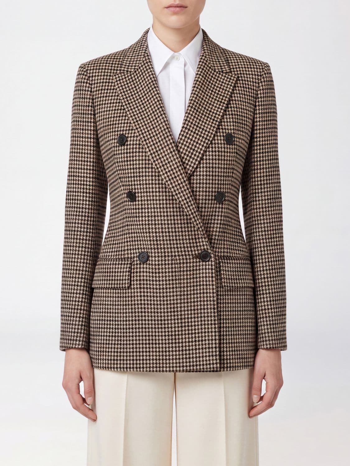 Max Mara Slim Fit Houndstooth Double-Breasted Blazer in Viscose Blend