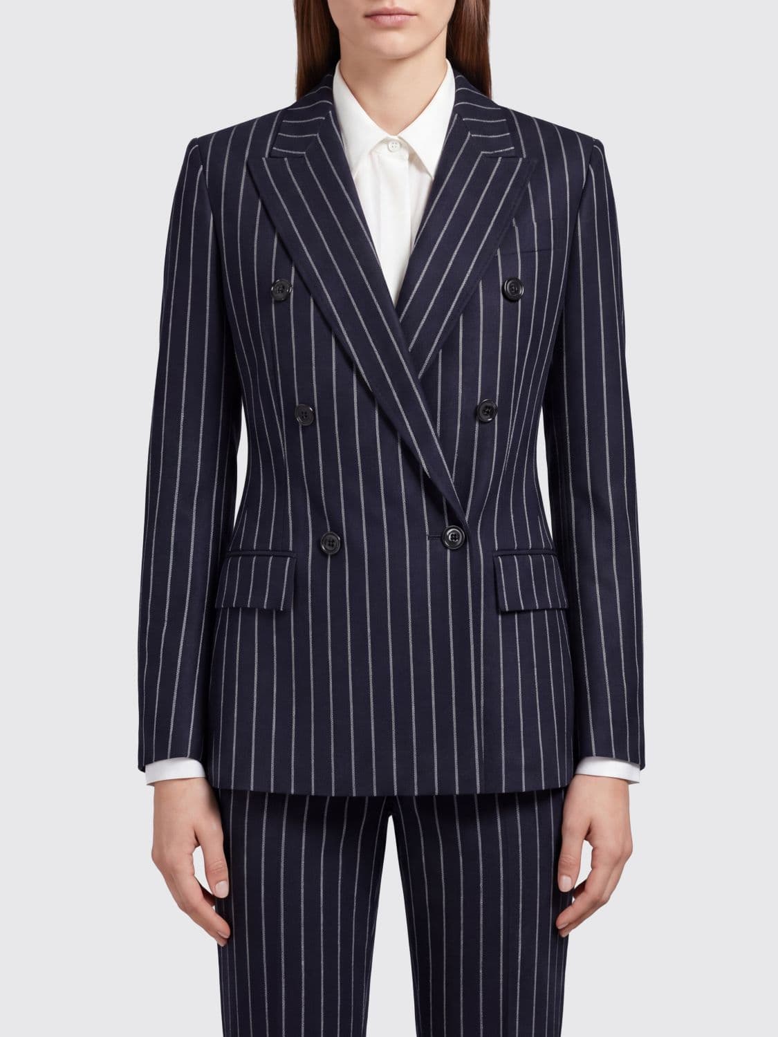 Max Mara Pinstripe Double-Breasted Slim Fit Blazer in Virgin Wool Blend