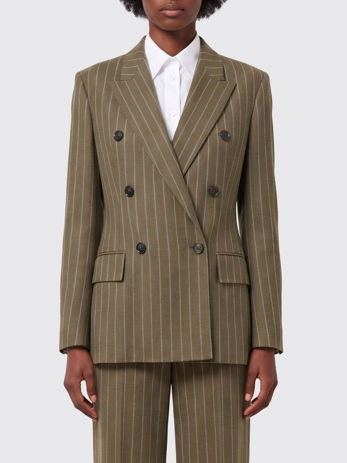 Max Mara Pinstripe Double-Breasted Slim Fit Blazer in Virgin Wool Blend