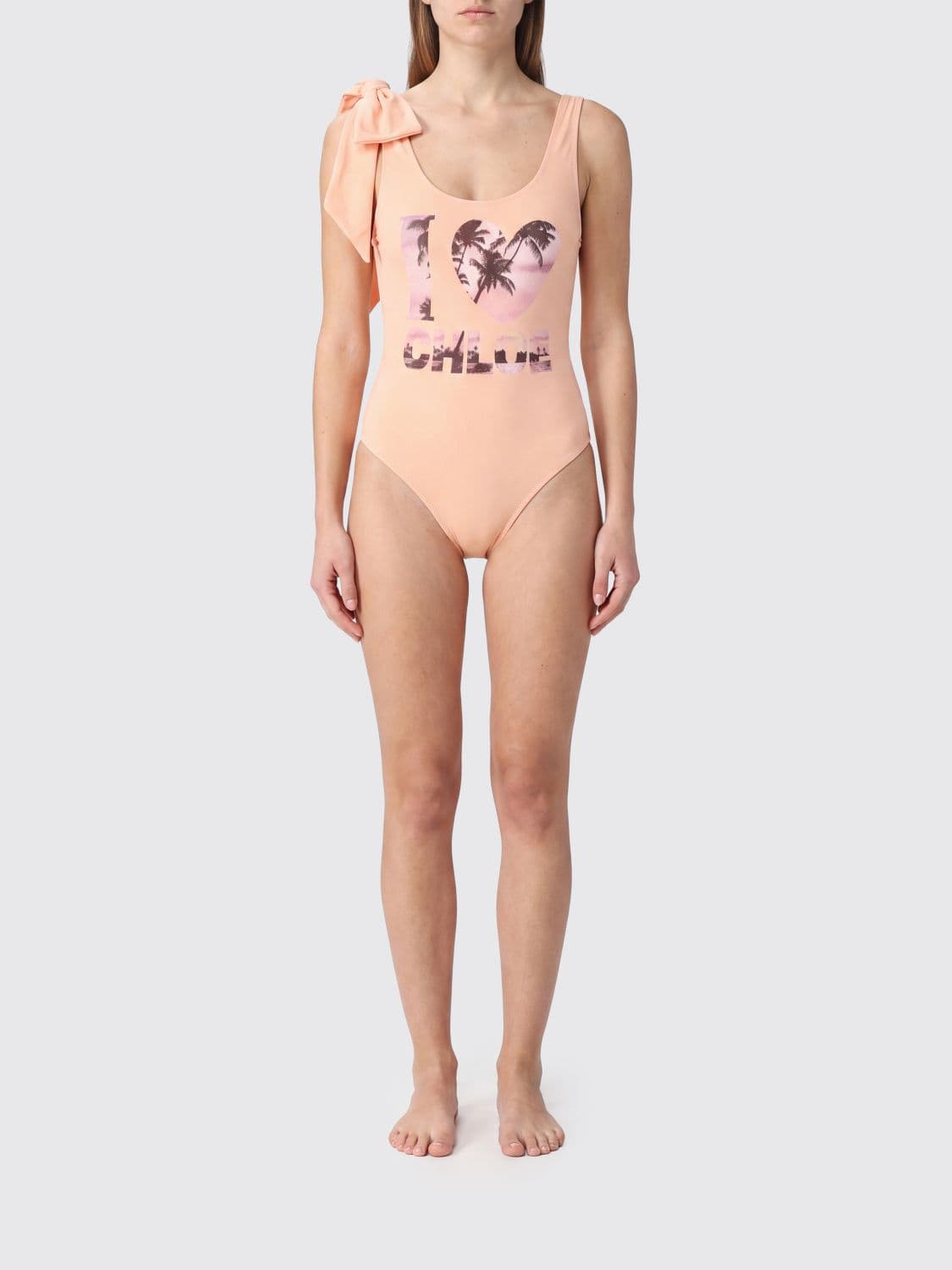 Chloé Slogan Print One-Piece Swimsuit with Bow Detail