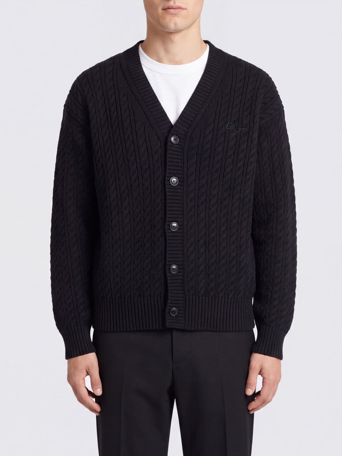 Kenzo V-Neck Wool Blend Cardigan with Embroidered Logo