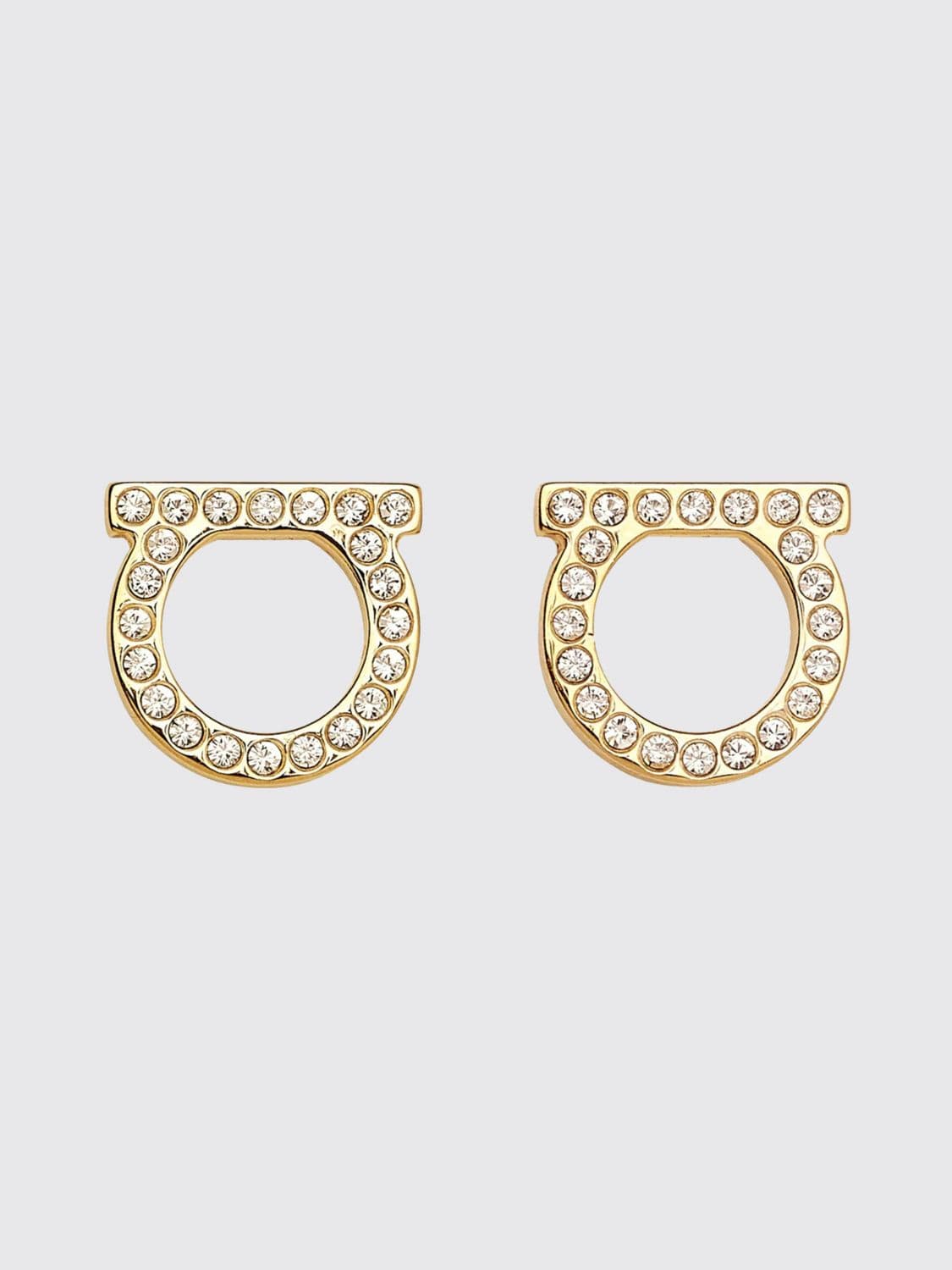 Ferragamo Gancini Gilded Brass Stud Earrings with Set Rhinestones