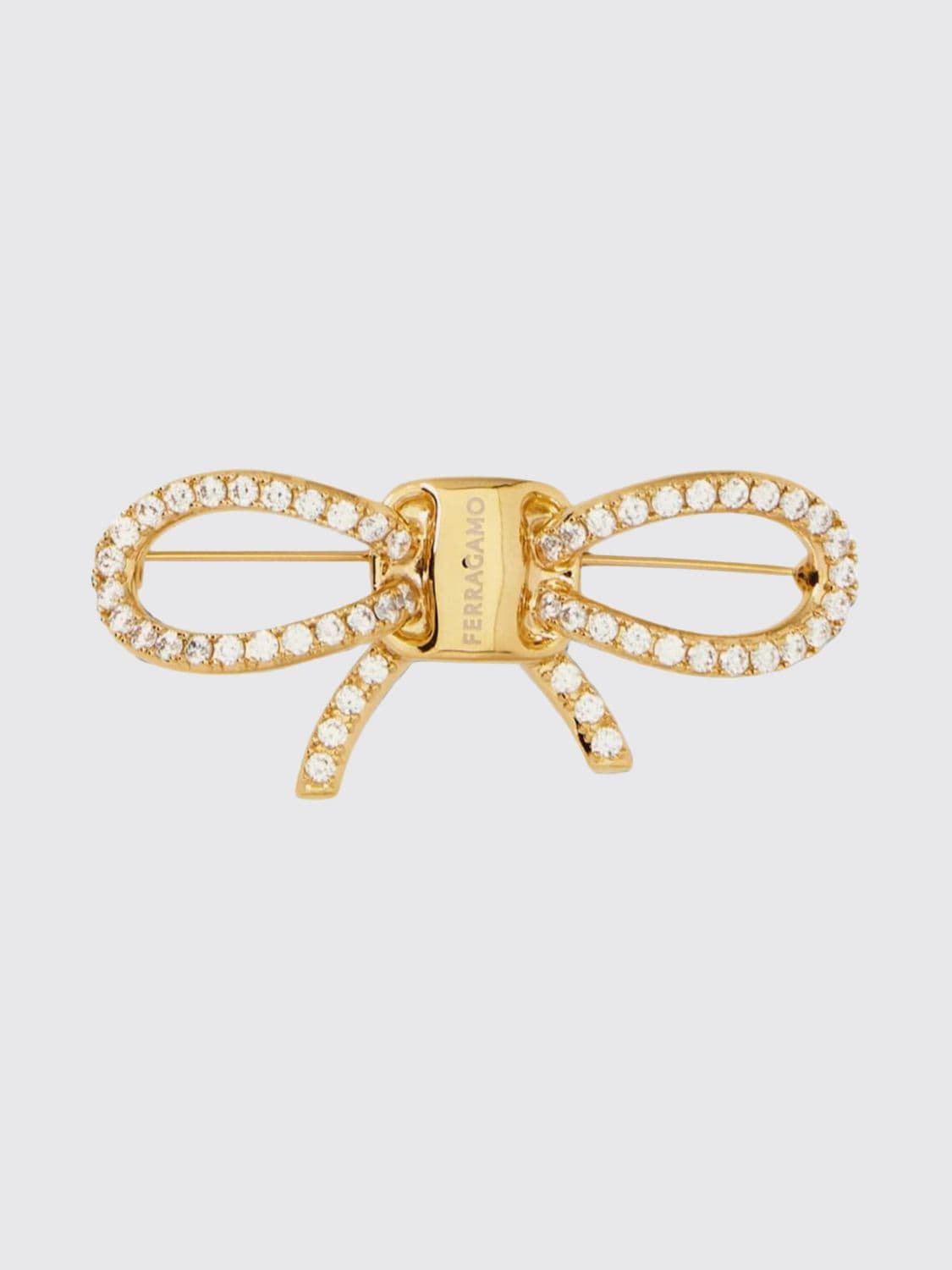 Ferragamo Vara Brooch in Brass and Crystals with Logo Lettering · OS