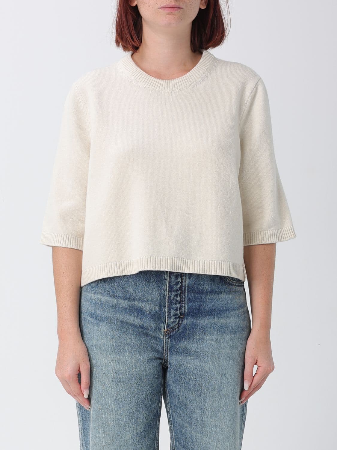 Alaïa Short-Sleeved Crewneck Jumper in Cashmere Blend with Dropped Shoulders