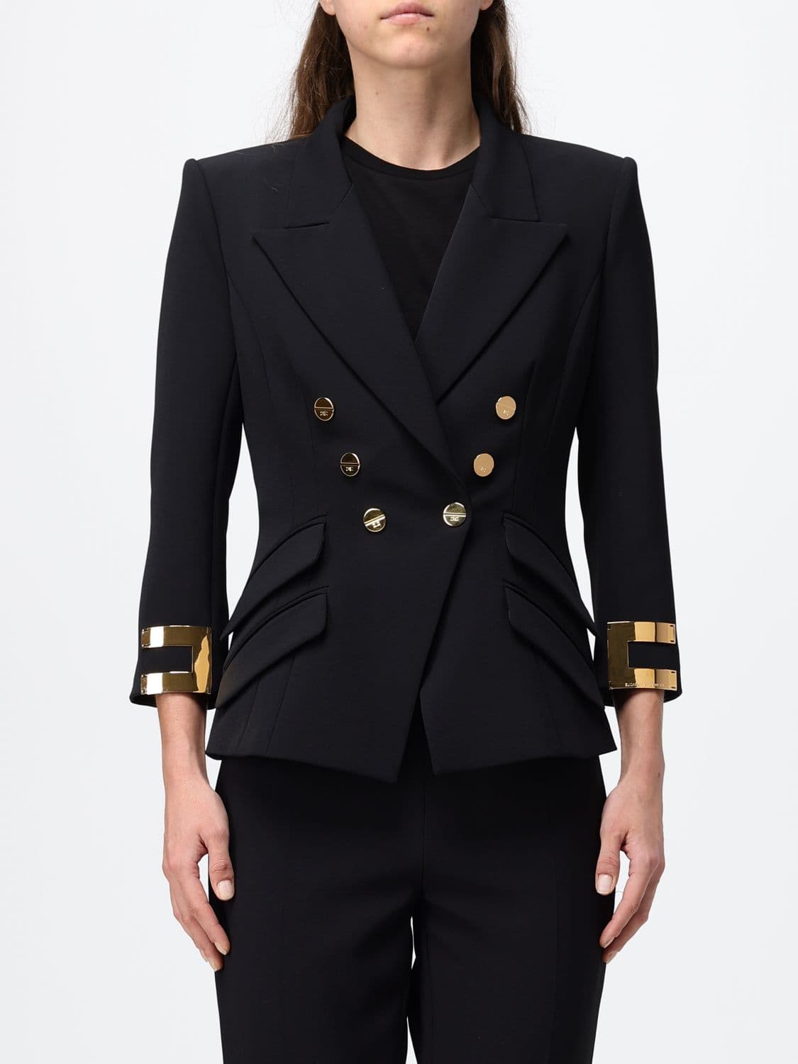 Elisabetta Franchi Slim Fit Double-Breasted Blazer with Padded Shoulders