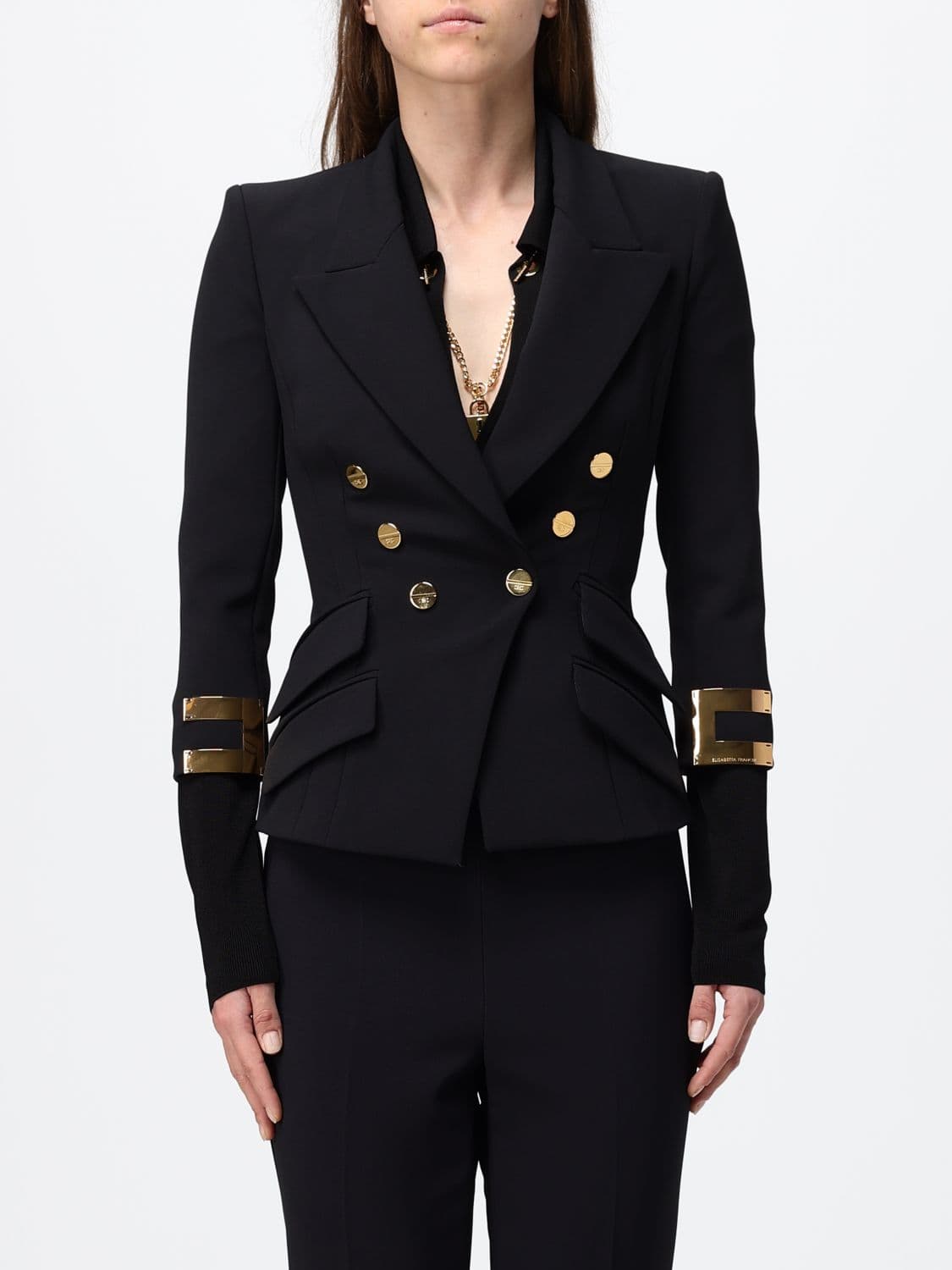Elisabetta Franchi Slim Fit Double-Breasted Blazer with Padded Shoulders