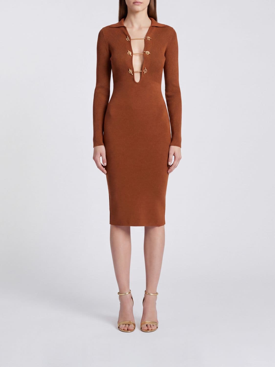 Elisabetta Franchi Slim-Fit Midi Sheath Dress in Jersey Knit with V-Neck