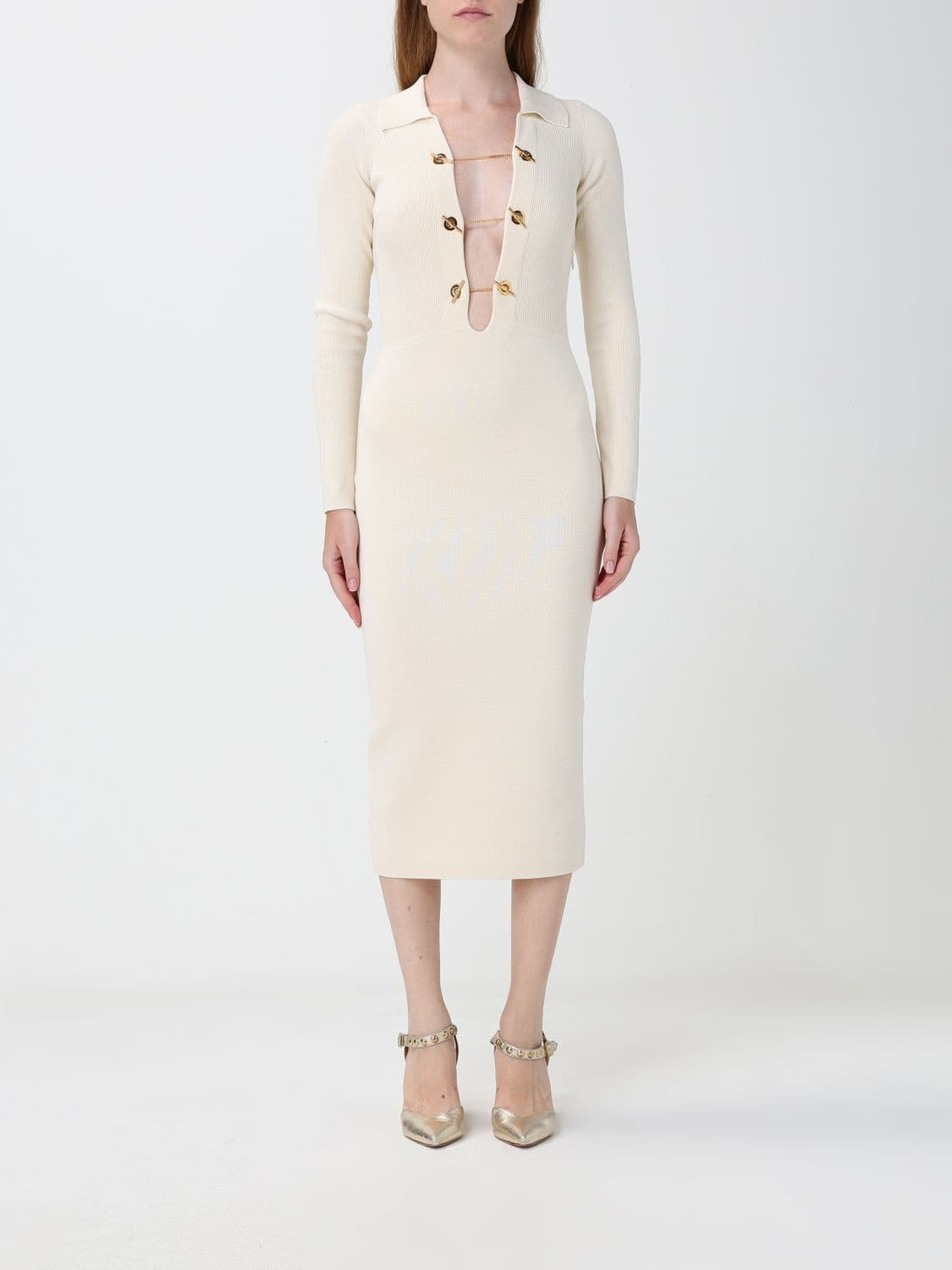 Elisabetta Franchi Slim-Fit Midi Sheath Dress in Jersey Knit with V-Neck