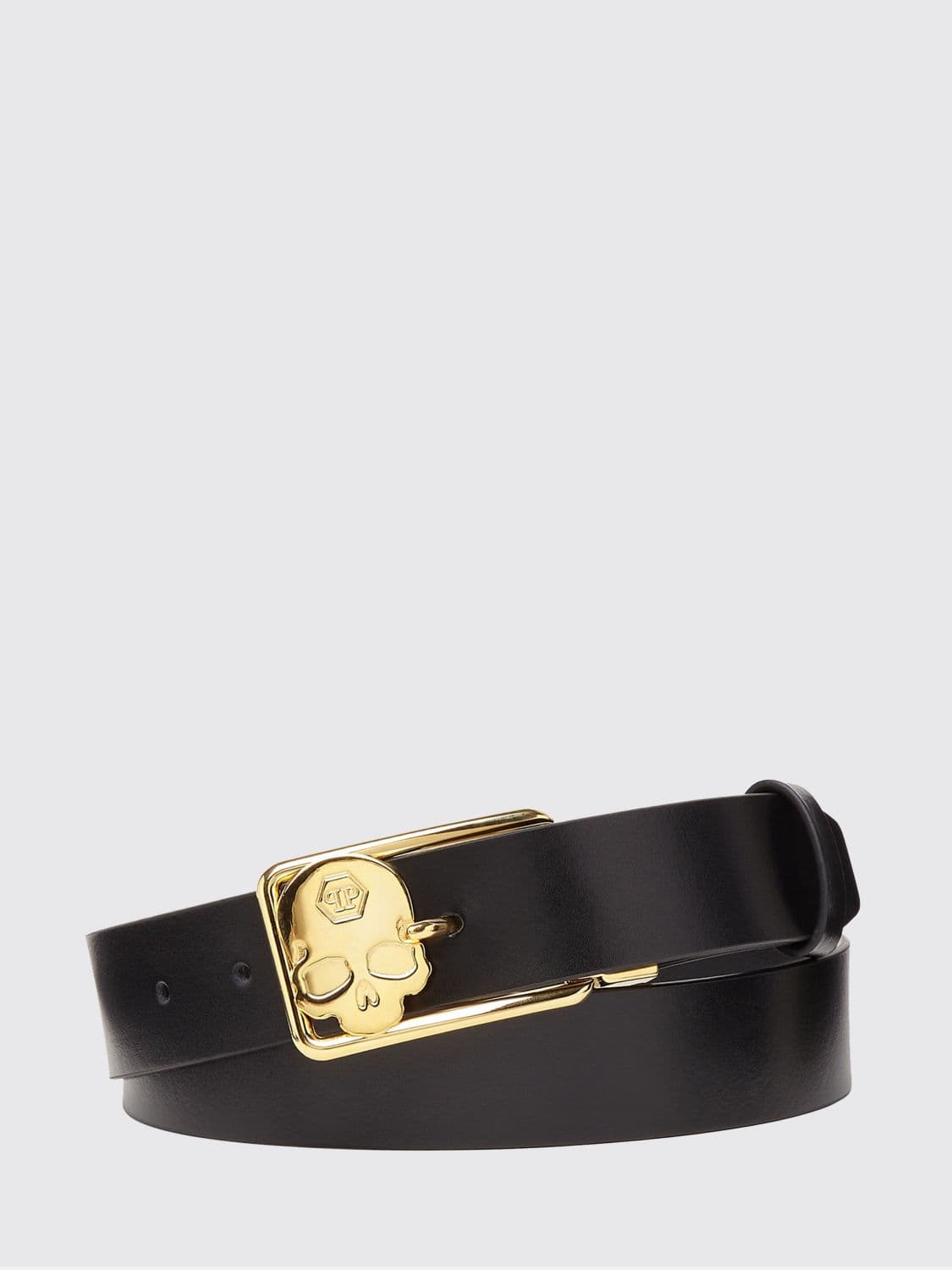 Philipp Plein Smooth Leather Belt with Skull and Hexagon Logo Buckle