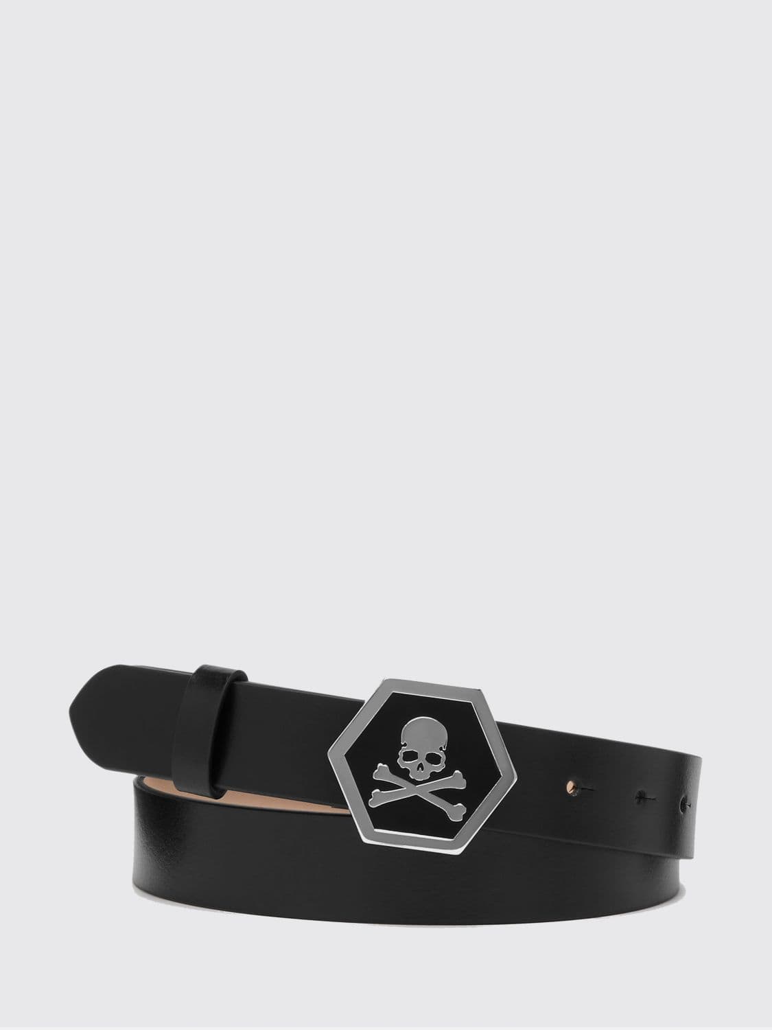 Philipp Plein Smooth Leather Belt with Metal Buckle and Skull Print