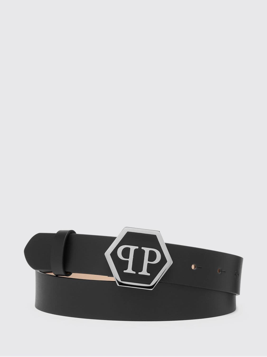 Philipp Plein Smooth Leather Belt with Hexagon Monogram Buckle