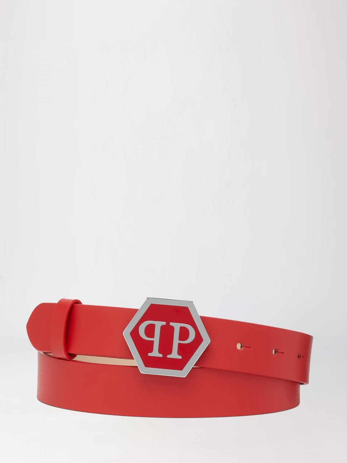 Philipp Plein Smooth Leather Belt with Hexagon Monogram Buckle