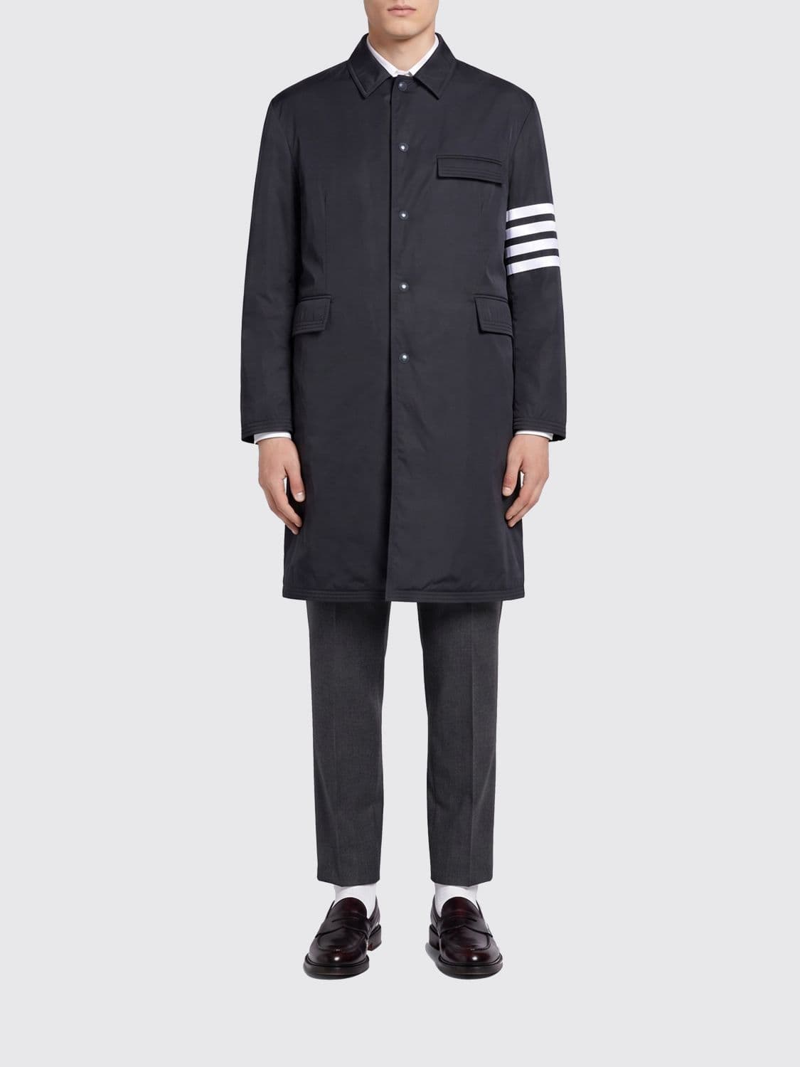 Thom Browne Single-Breasted Padded Trench Coat in Polyester with 4-Bar Motif