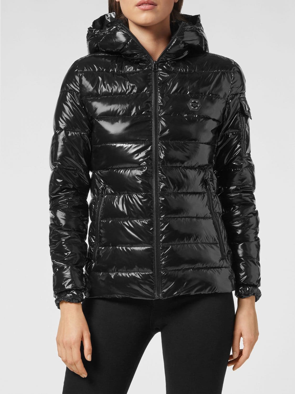 Philipp Plein Slim Fit Quilted Nylon Short Puffer Jacket with Hexagon Logo