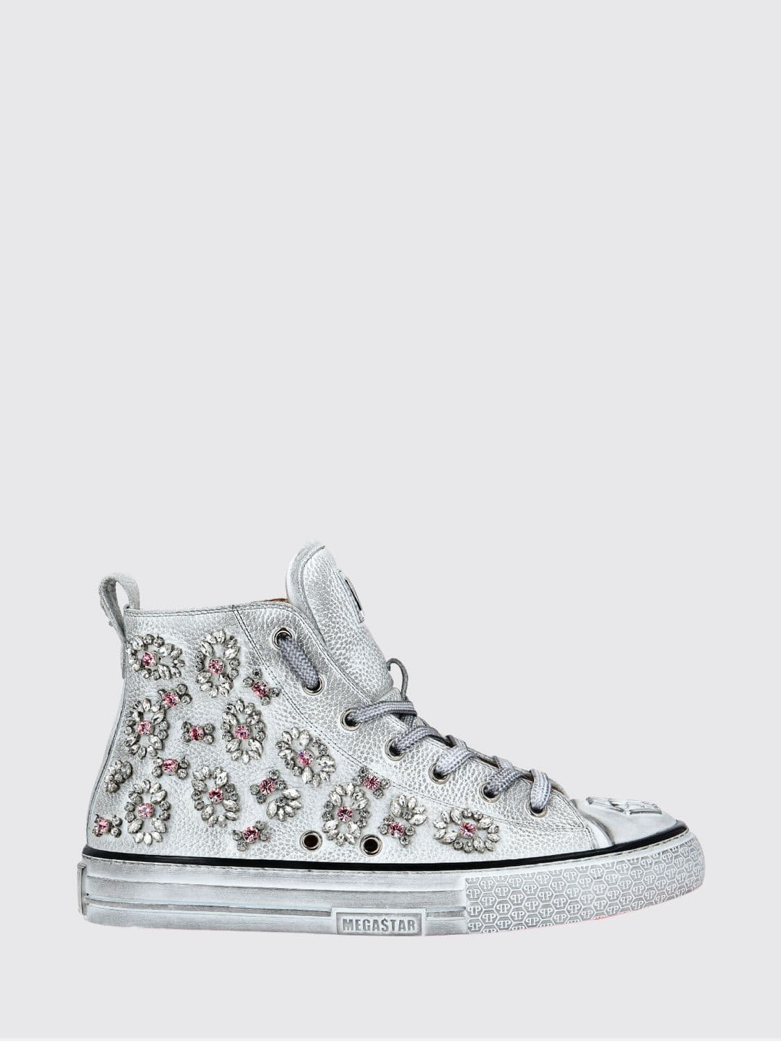 Philipp Plein Grained Leather High-Top Sneakers with Rhinestones and Hexagon Logo