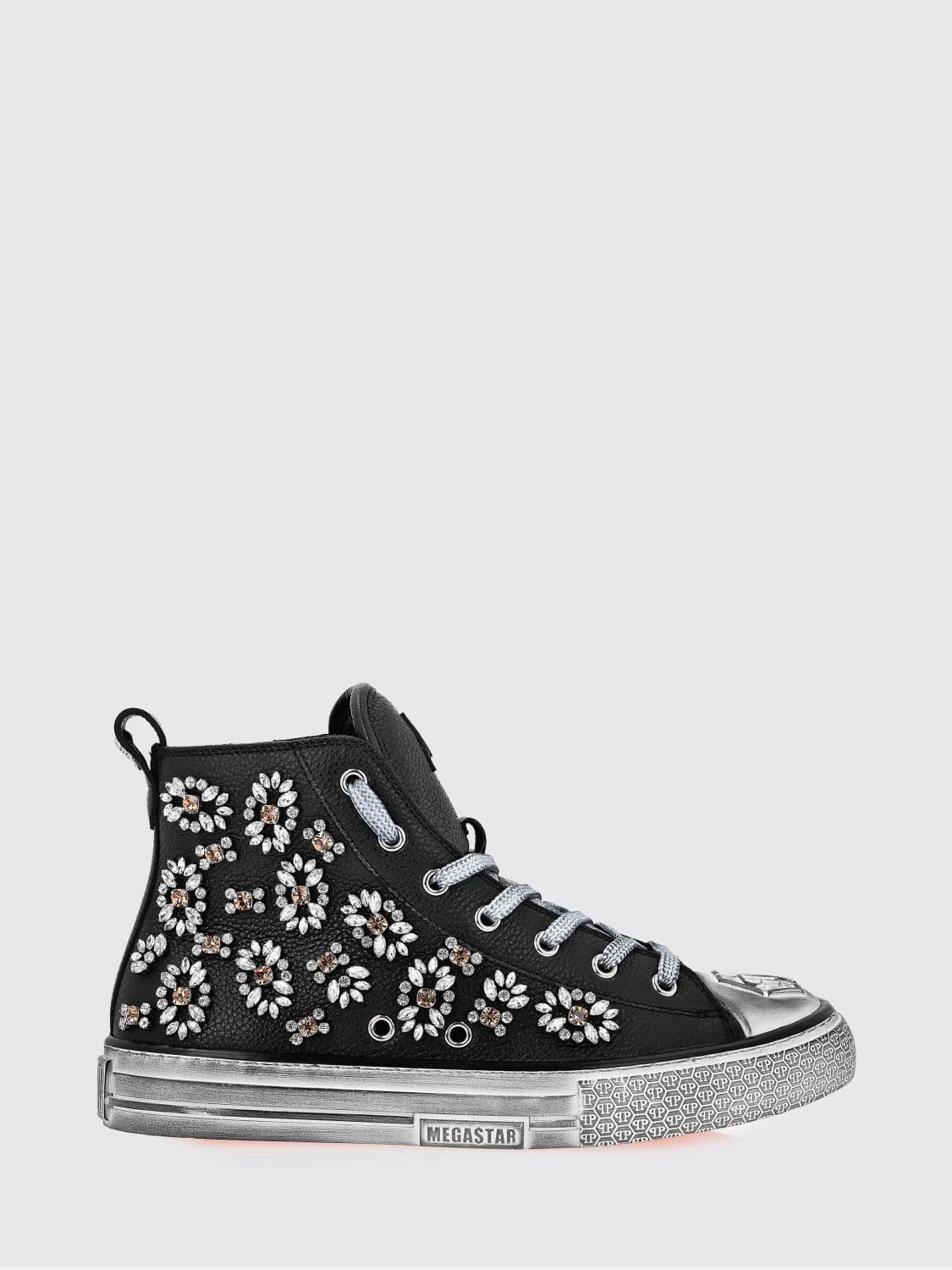 Philipp Plein Grained Leather High-Top Sneakers with Rhinestones and Hexagon Logo · 35