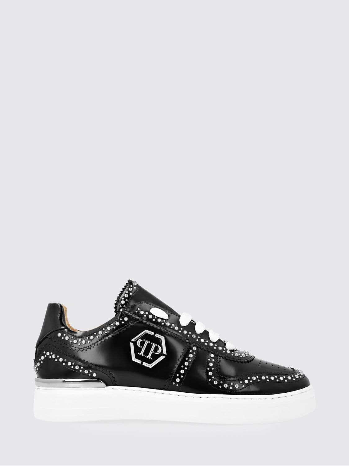 Philipp Plein Brushed Leather Low-Top Sneakers with Embroidered Monogram