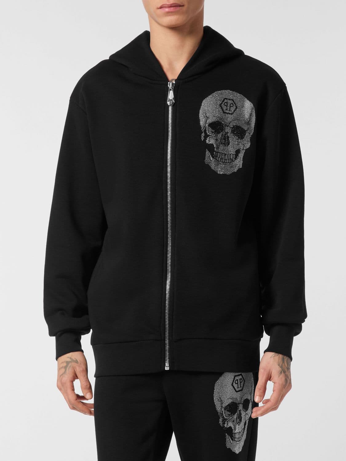 Philipp Plein Skull and Rhinestones Jersey Zip-Up Hoodie in a Relaxed Fit