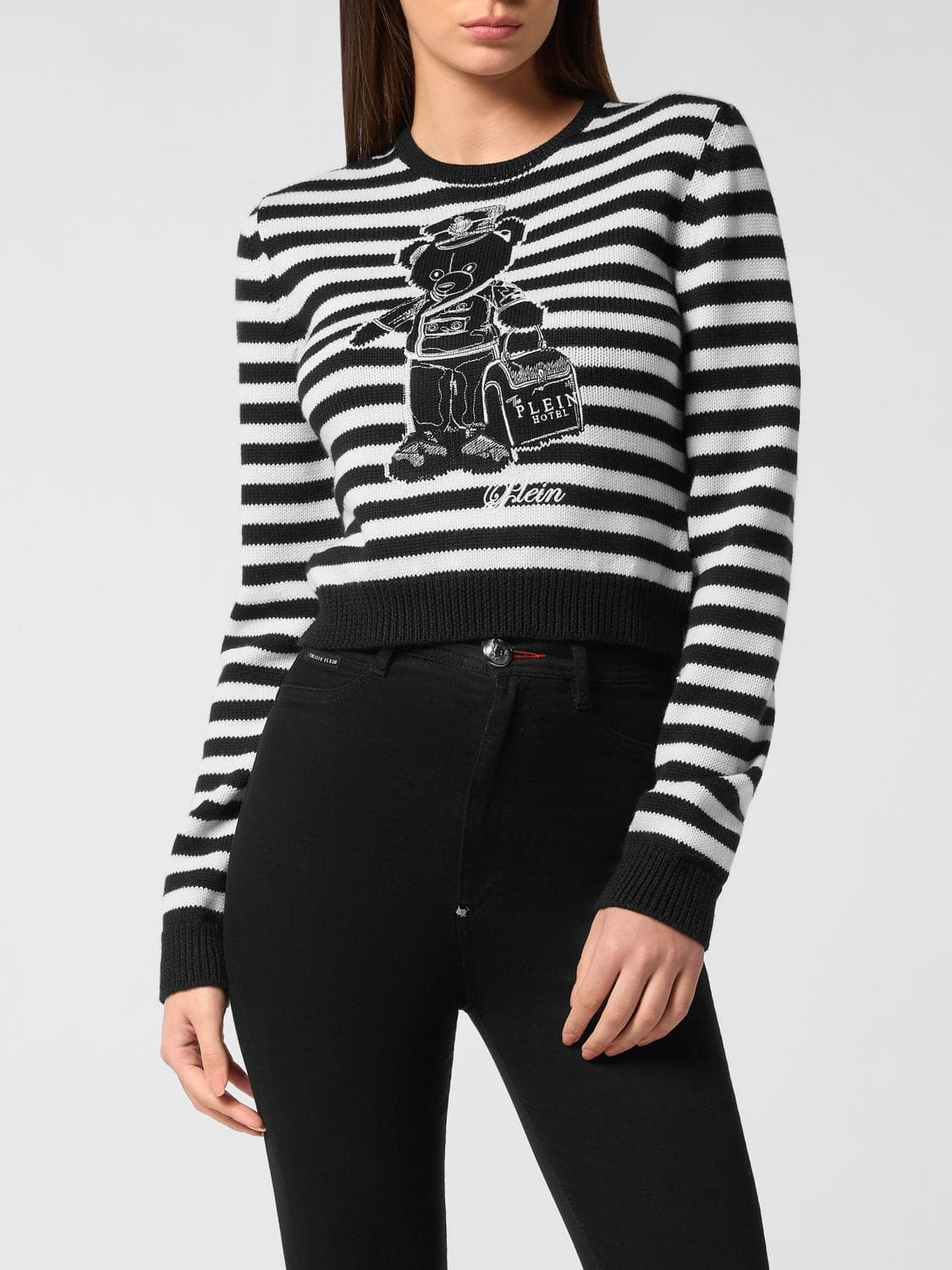 Philipp Plein Striped Cotton Crewneck Jumper with Teddy Bear Print