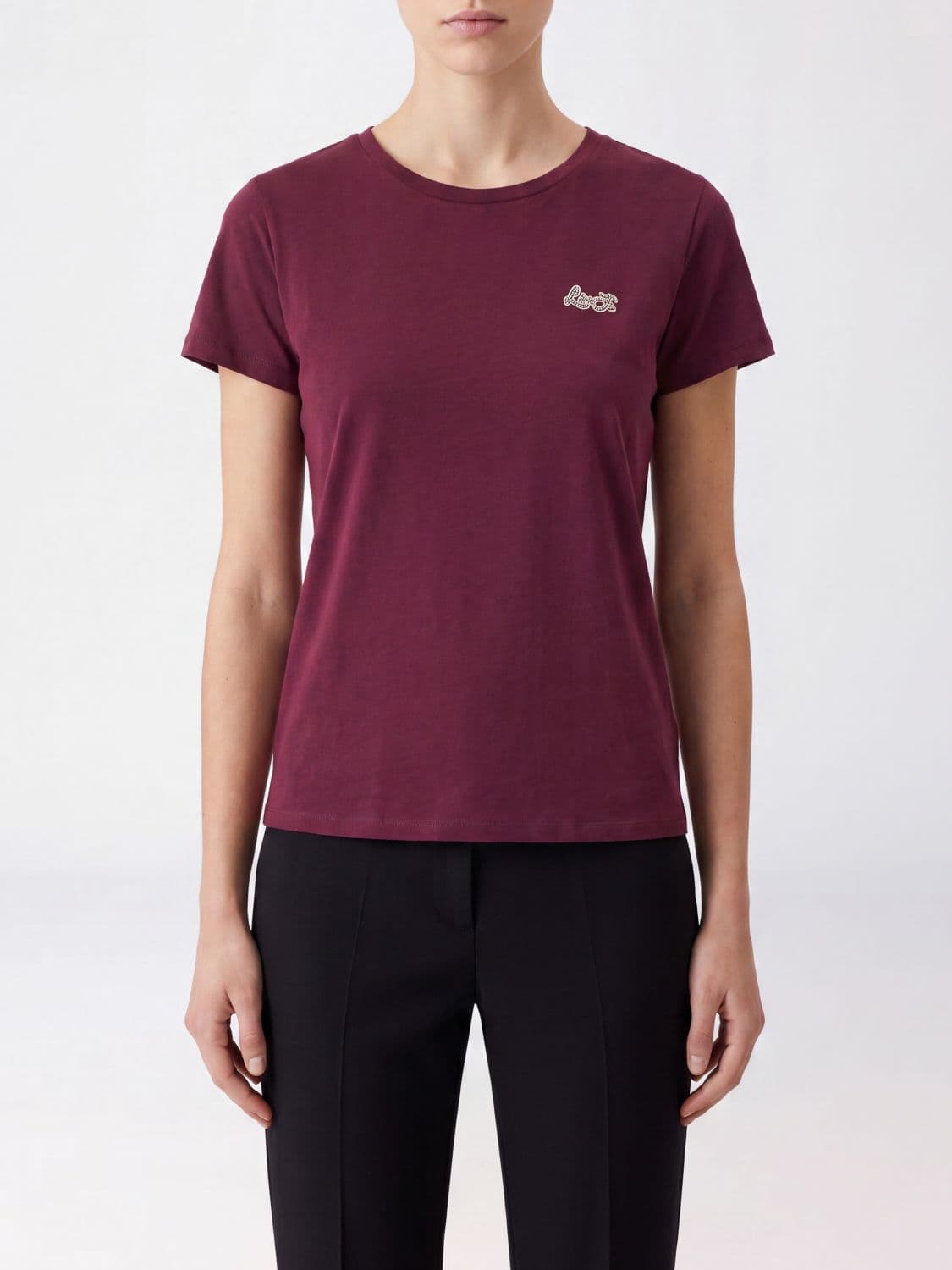 Liu Jo Slim Fit Cotton T-Shirt with Front Rhinestone Logo Detail