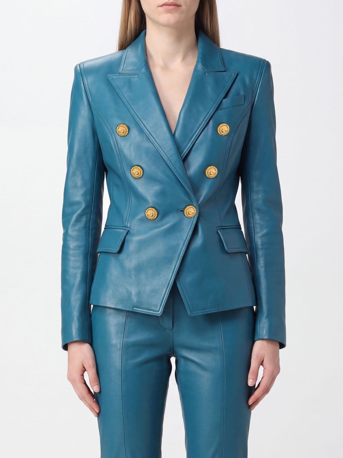 Balmain Double-Breasted Lambskin Leather Blazer with Peak Lapels and Padded Shoulders